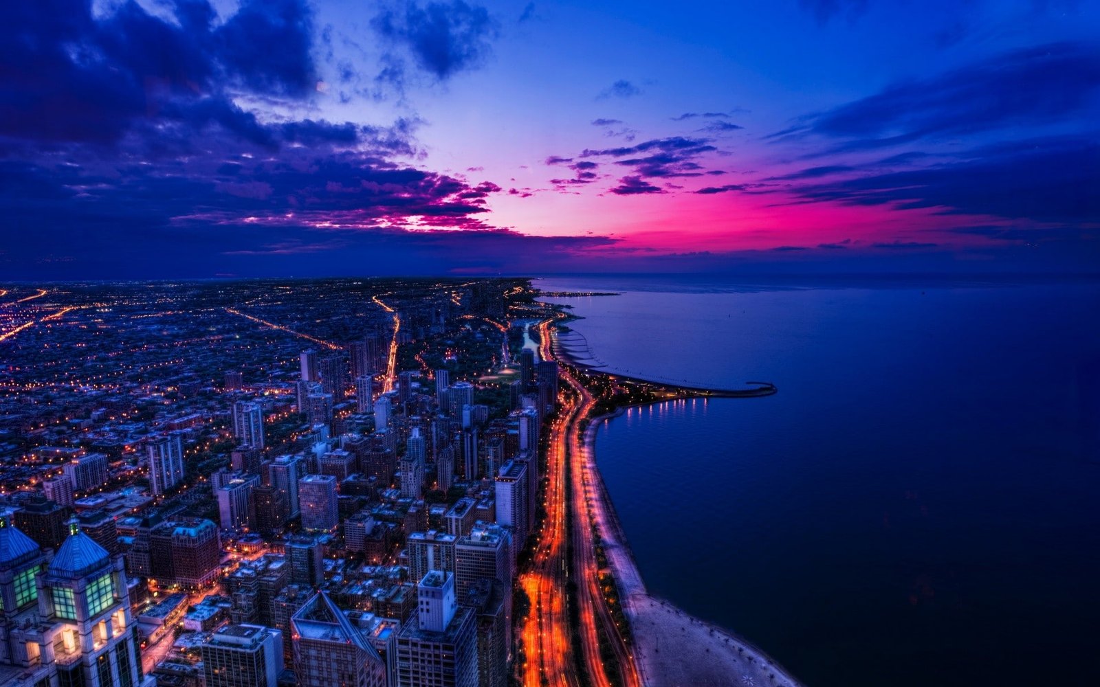 gray building cityscape night sea Chicago water beach Lake Shore Drive 2k