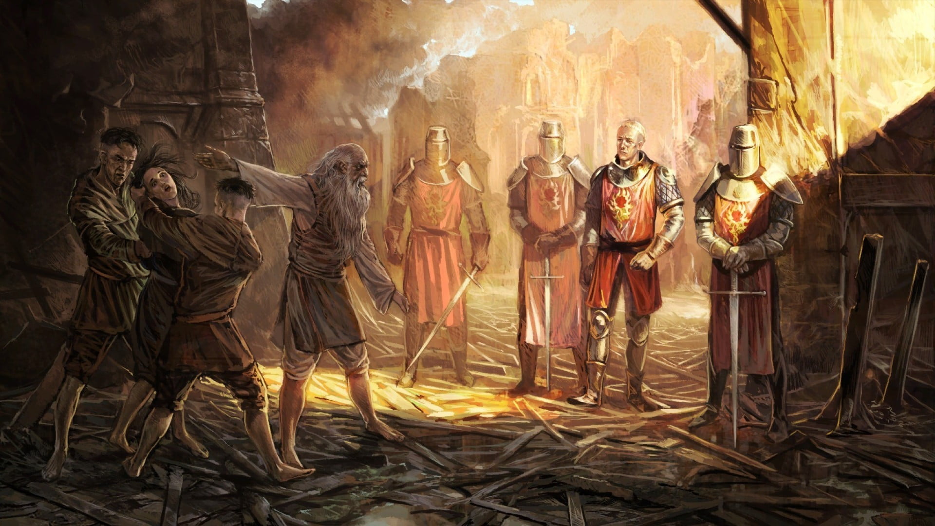 knights standing near building painting The Witcher fantasy art 2k