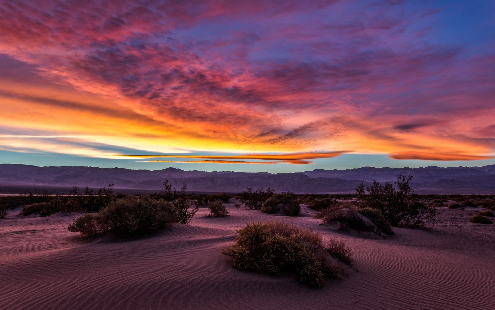 Landscape Nature Desert Sunset Death Valley Sand Mountain Shrubs Sky Clouds Dune 2k