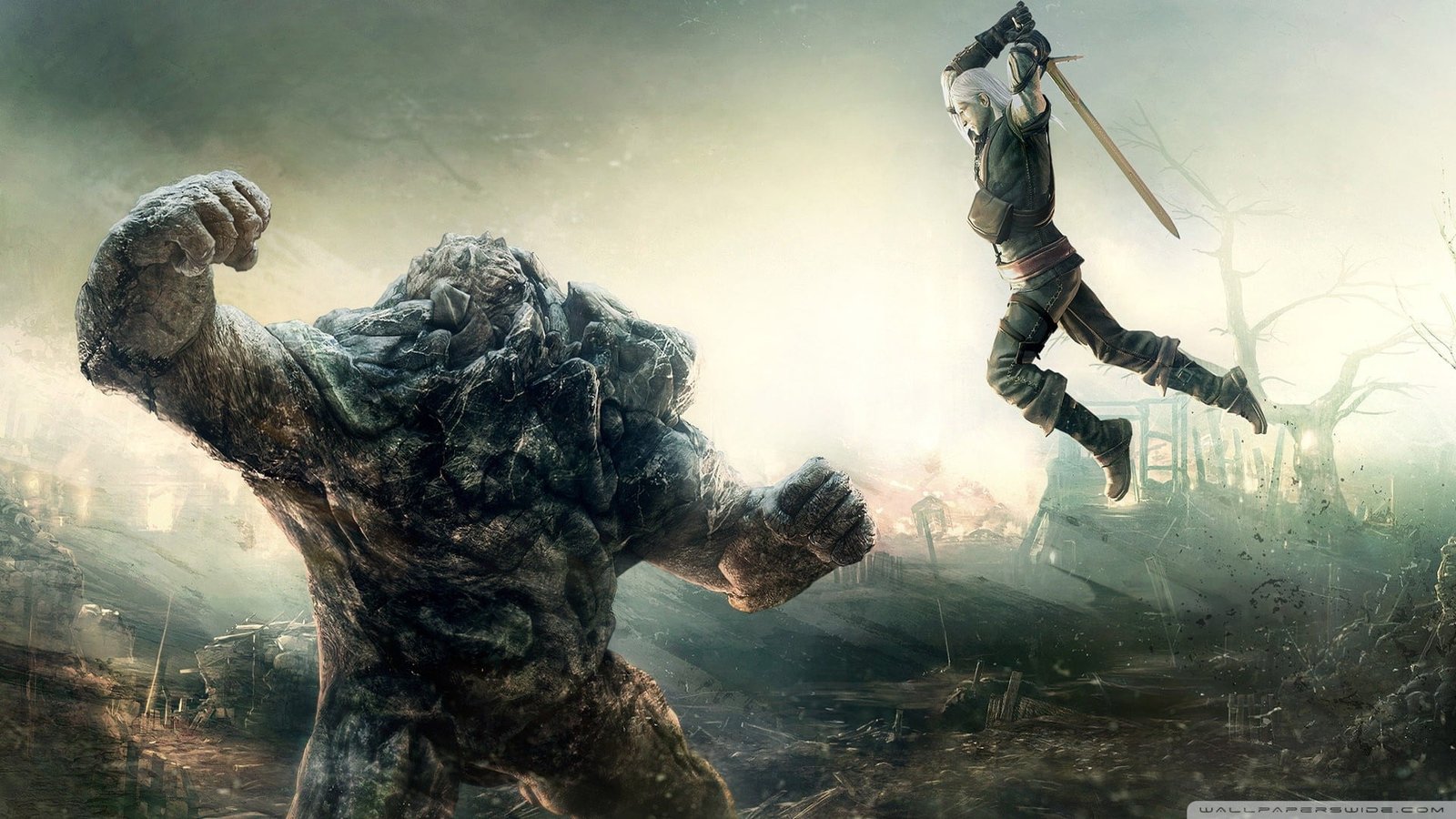 man holding sword digital wallpaper The Witcher video games 2k