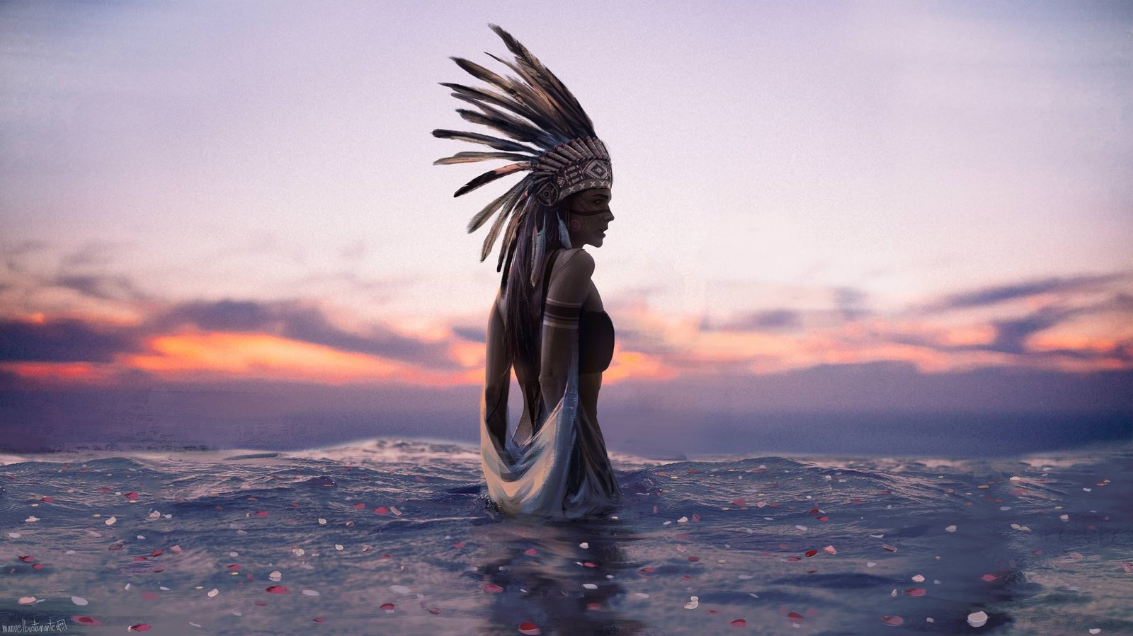 native American Indian female illustration woman wearing brown and black headdress top on body of water at daytime 2k