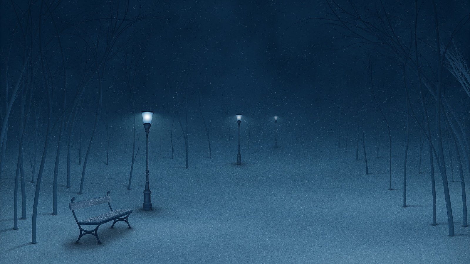 Night Lights Snow Bench Winter Tree Blue HD nature 2k