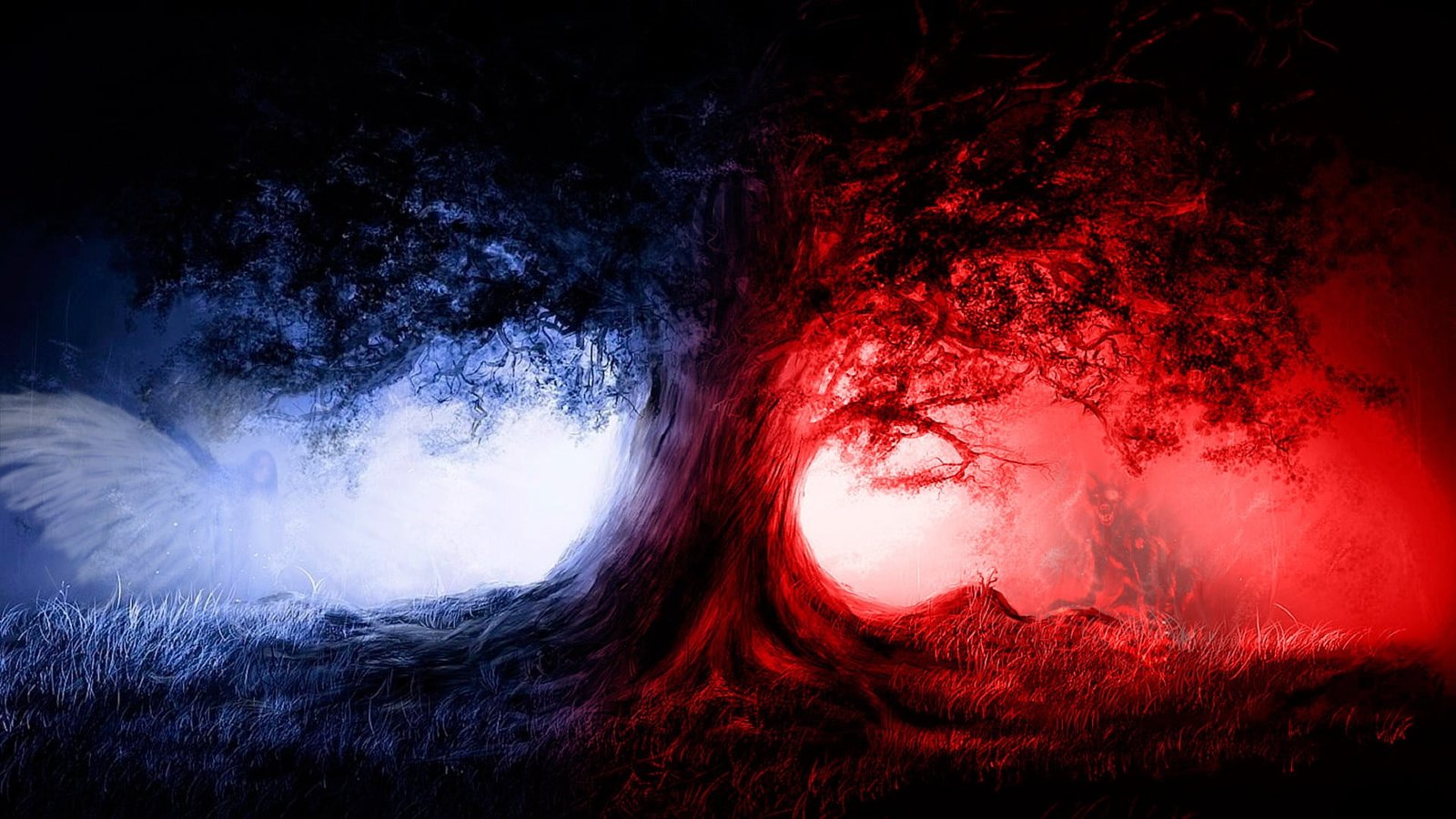 painting of tree trees nature angel Devil fantasy art night 2k