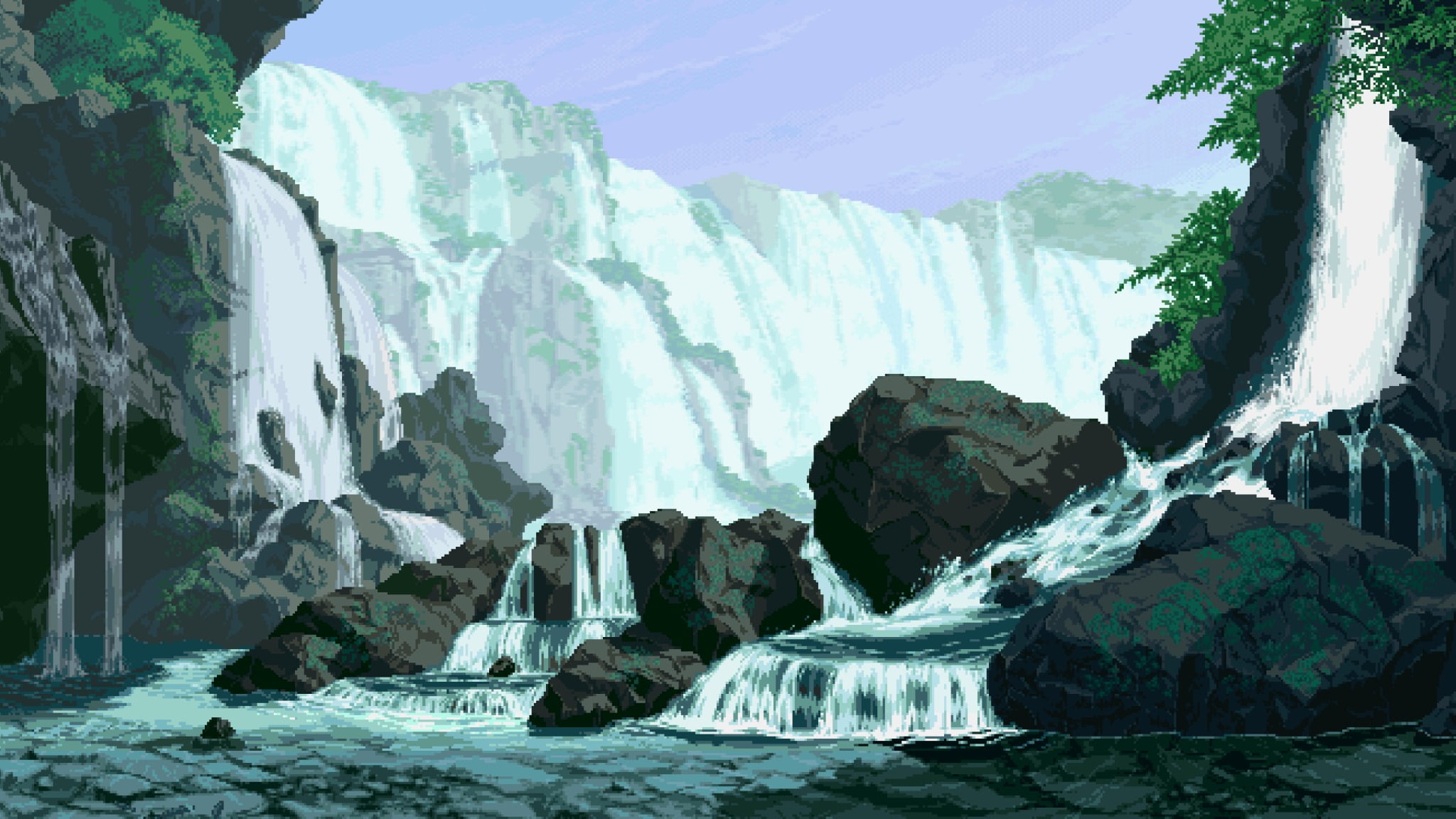 painting of waterfall digital art pixel pixels pixelated 2k