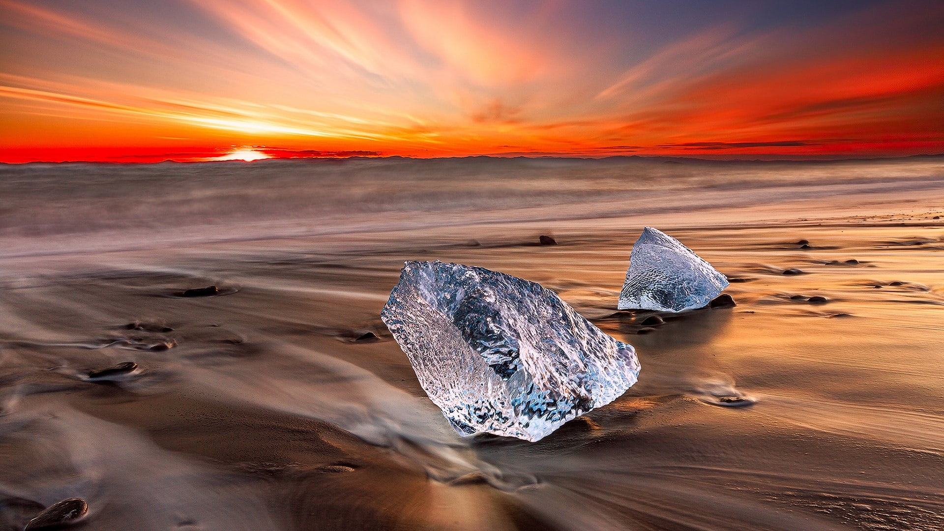 orange sky diamond beach shore horizon ice sand jokulsarlon 2k