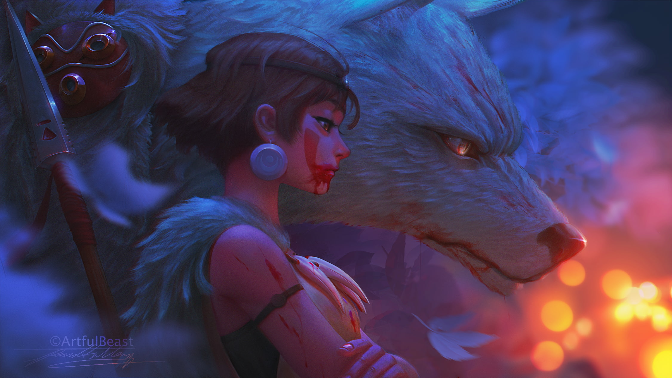 Princess Mononoke wolf profile women anime girls artwork 2k