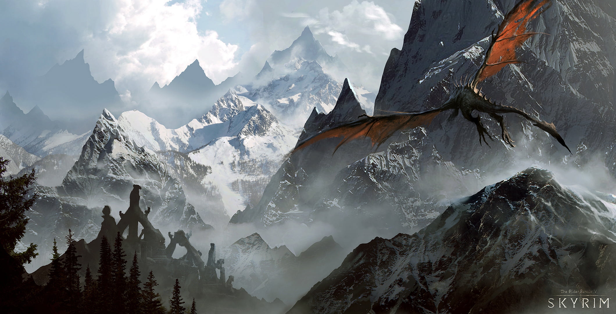 Skyrim wallpaper mountains dragon The Elder Scrolls V 2k