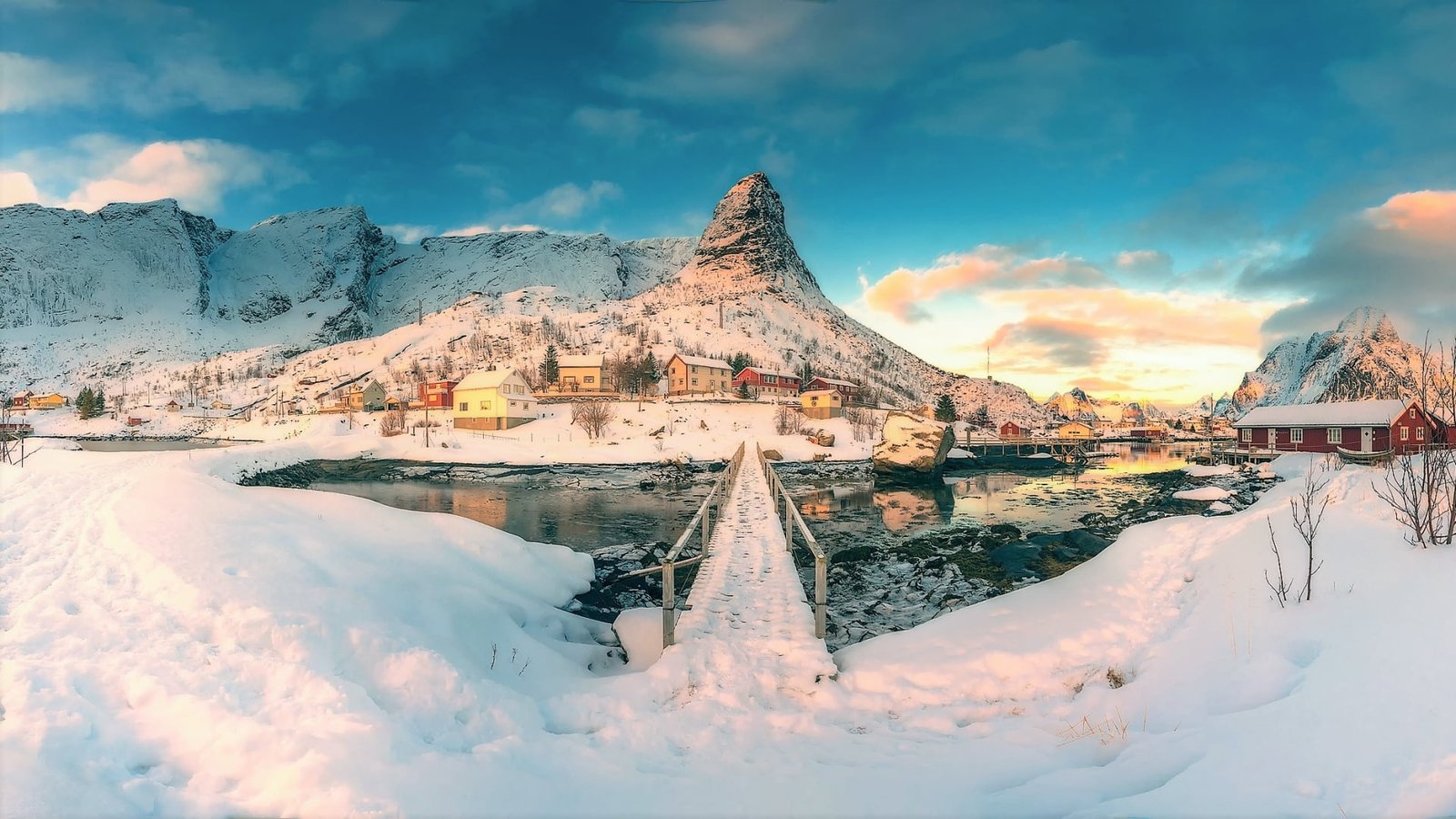 snow covered bridge nature landscape mountains Norway winter 2k