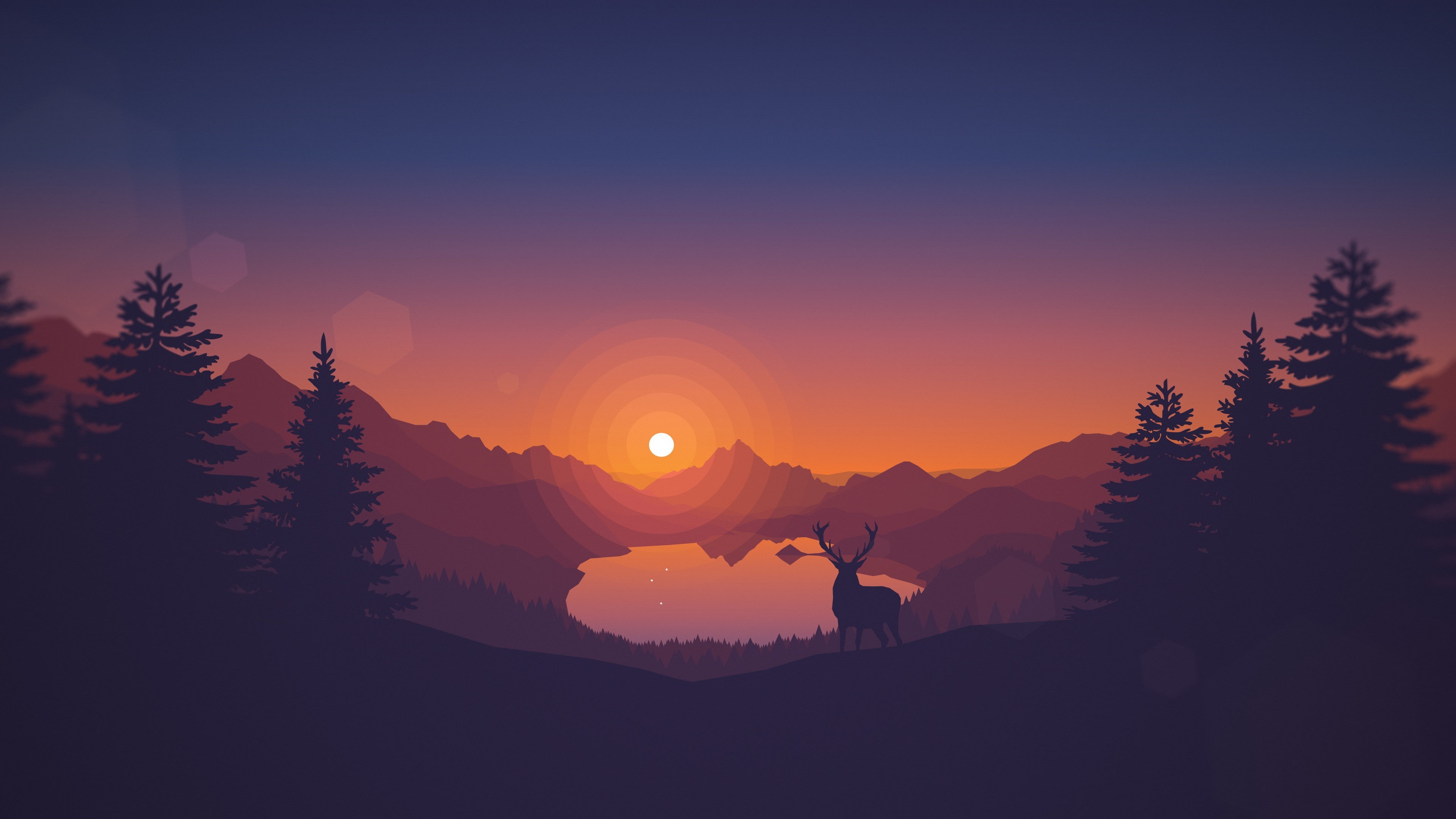 sunset drawing animals lake landscape deer artwork silhouette nature digital art trees pine hills clear sky vector warm colors firewatch video games 2k 4k