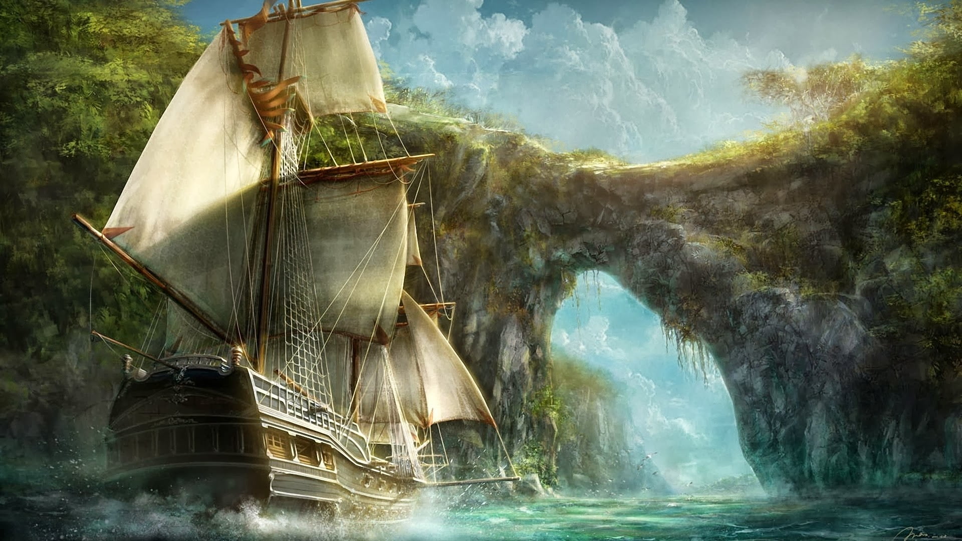 white and brown sailing boat painting fantasy art ship nature 2k