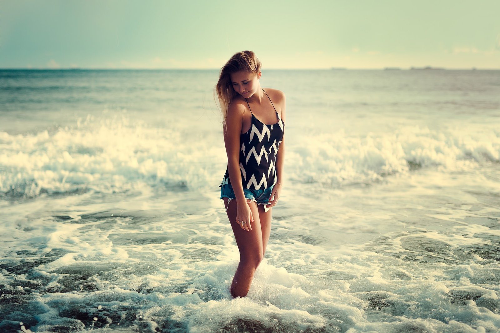 women depth of field beach on in water jean shorts 2k