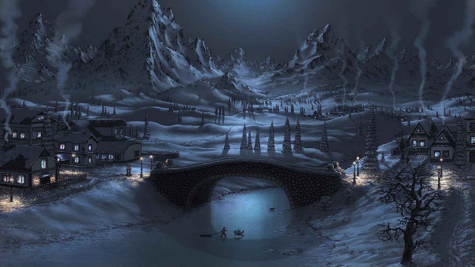 Winter Holiday landscape evening christmas mountains pond 2k