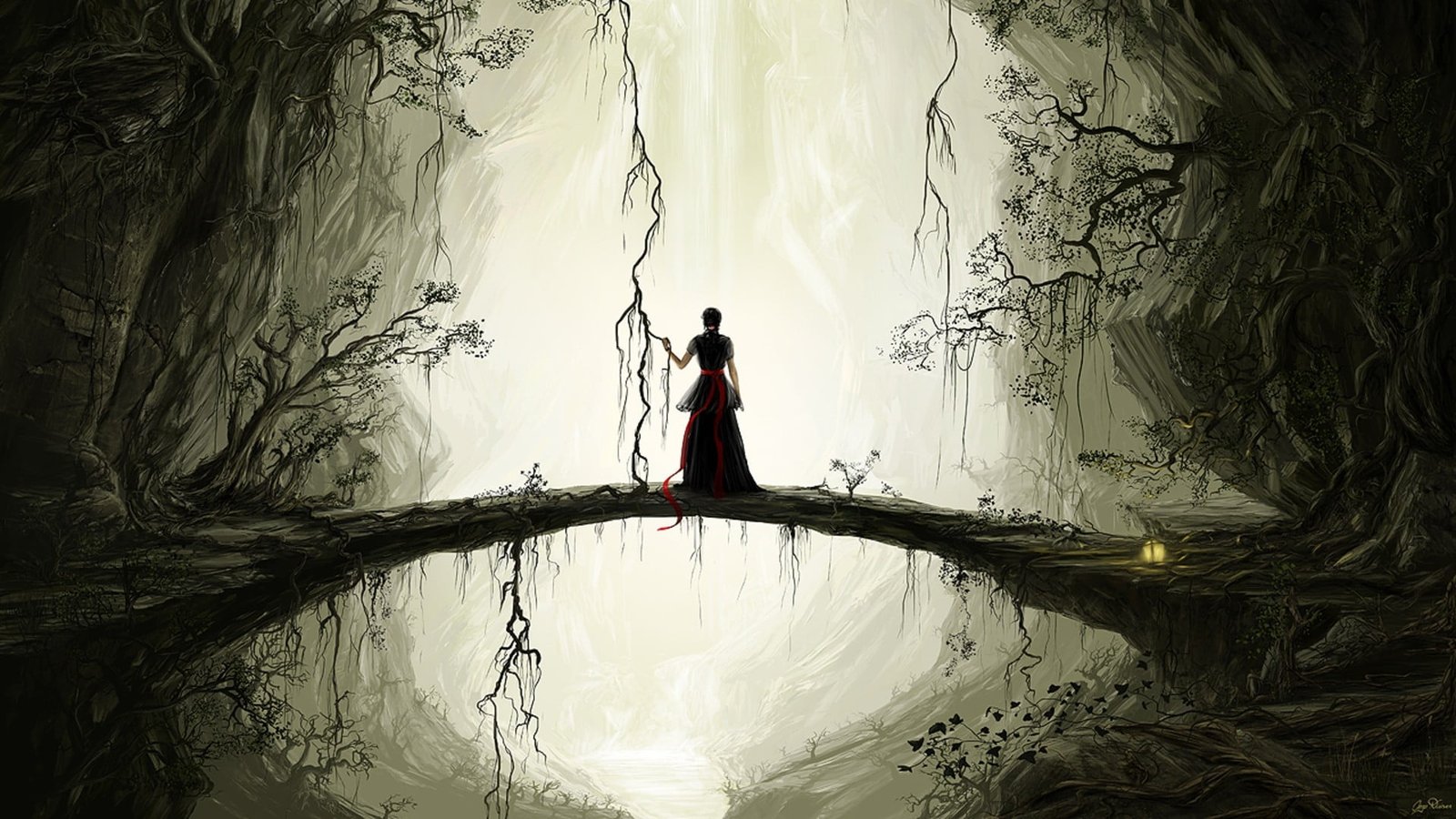 woman on tree branch wallpaper forest dark fantasy girl art 2k