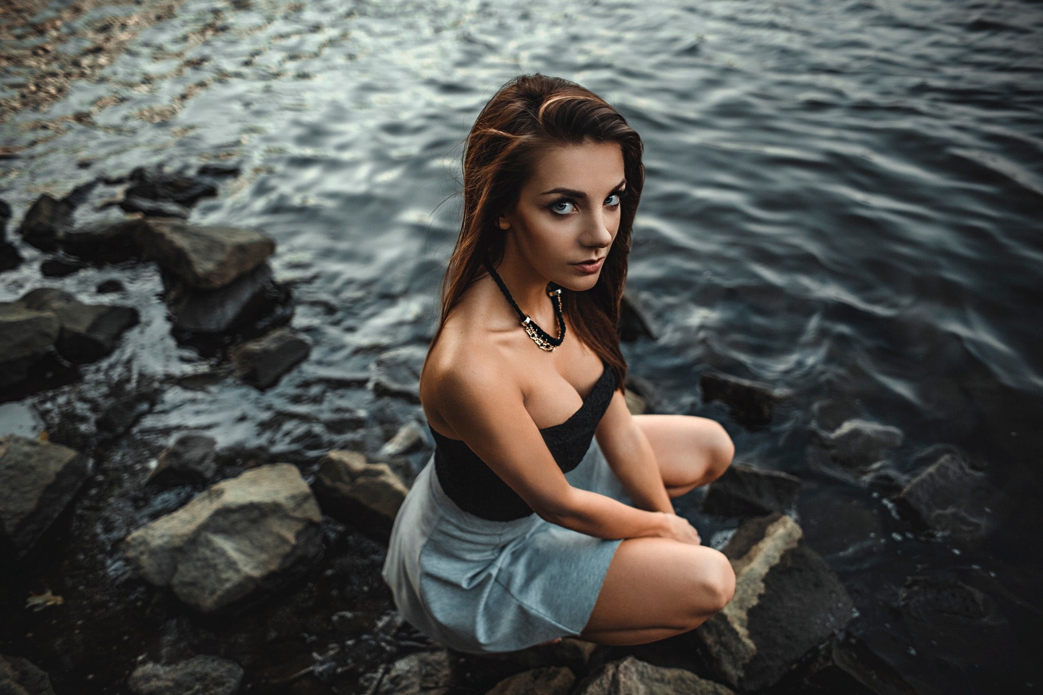 women's black tube top Damian Pi rko model auburn hair long 2k