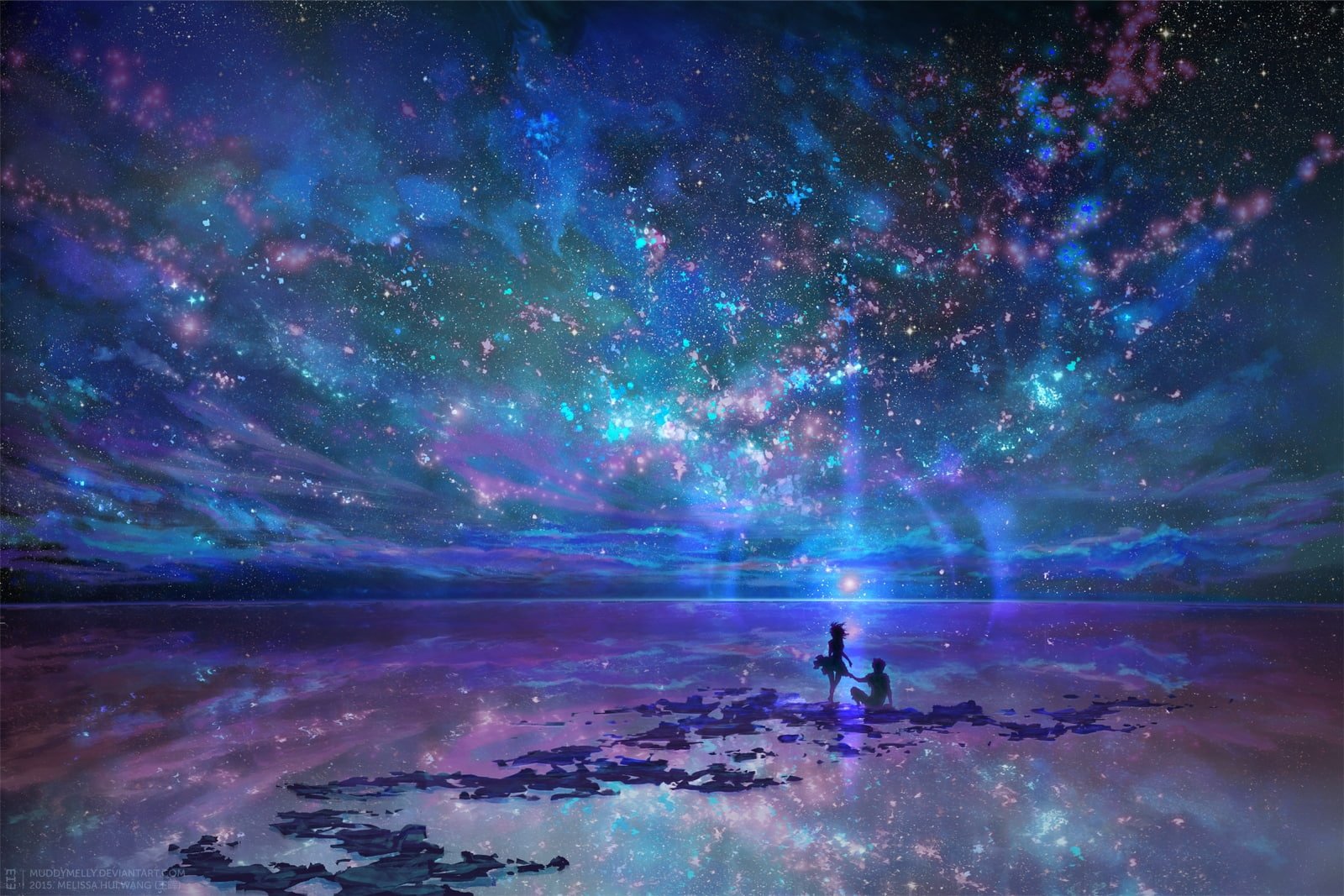 anime couple scenic stars night sky silhouette water 2k