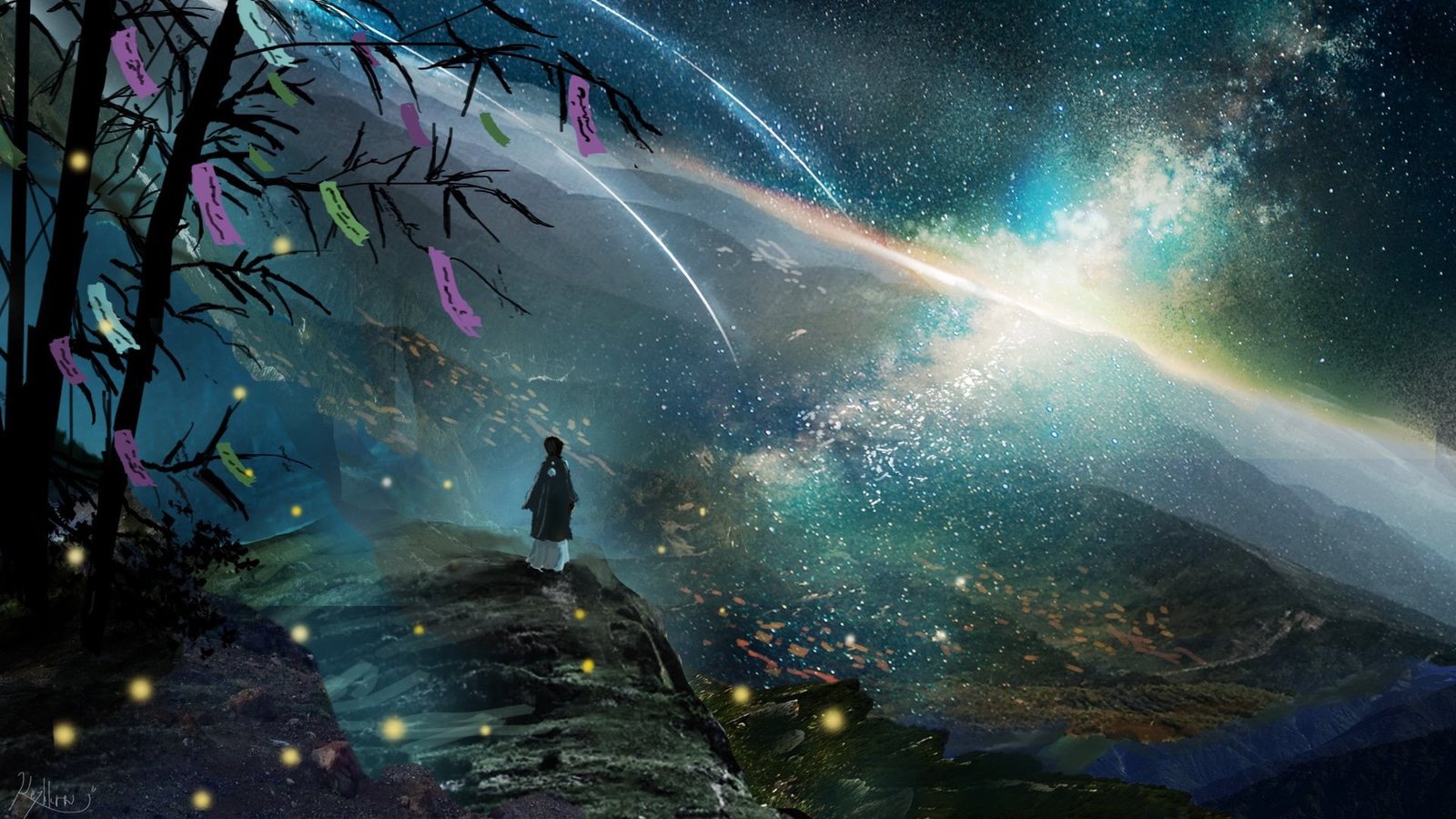 Anime Original Comet Galaxy Night Scenery Stars Tree 2k