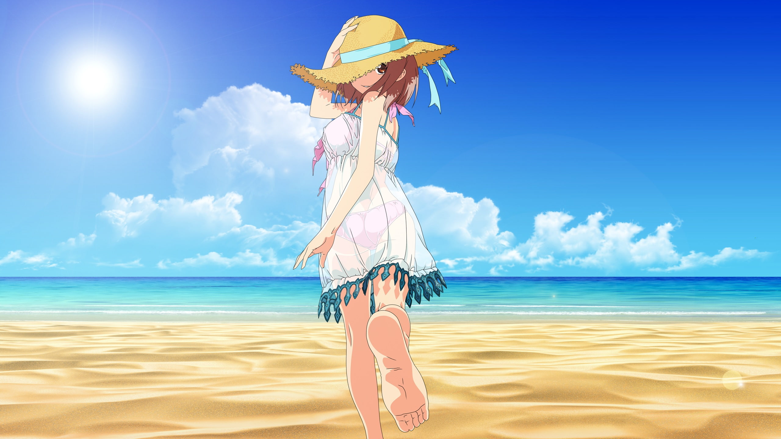 barefoot beach brown chiho clouds dress eyes hair hat 2k
