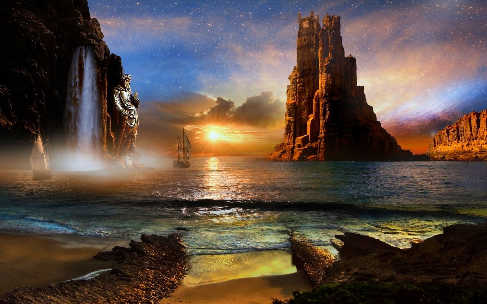 beige rock formation and body of water mist nature landscape 2k
