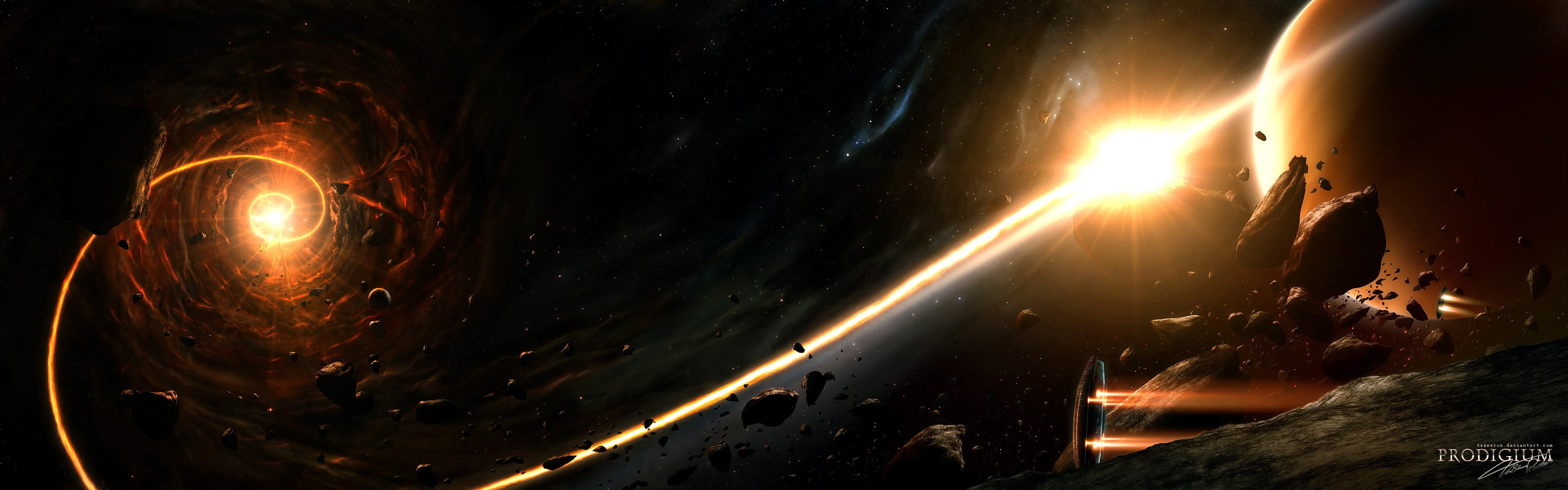 black and yellow cosmic wallpaper space planet asteroid spaceship 2k 4k