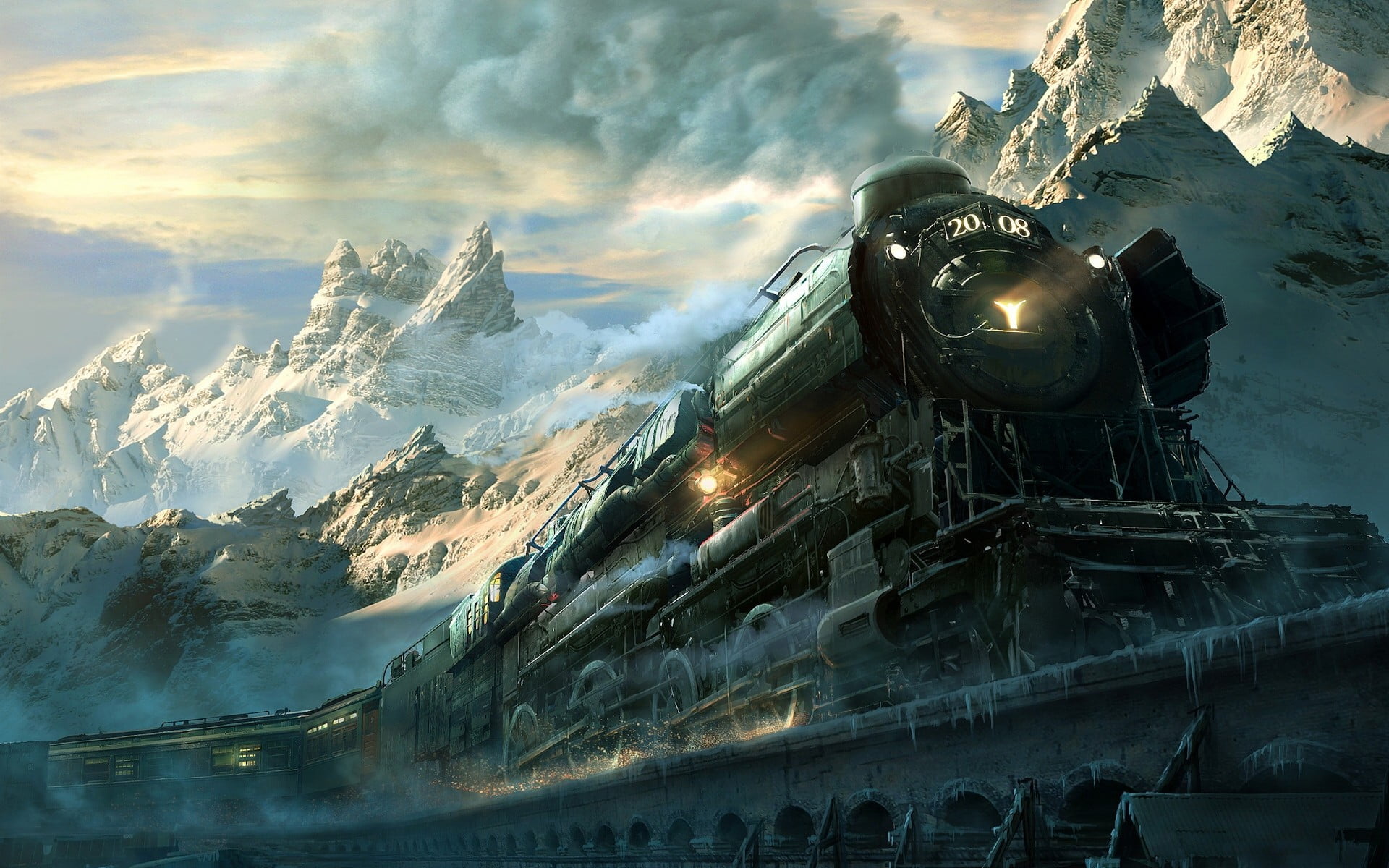 black steam train wallpaper landscape railway mountains snow 2k