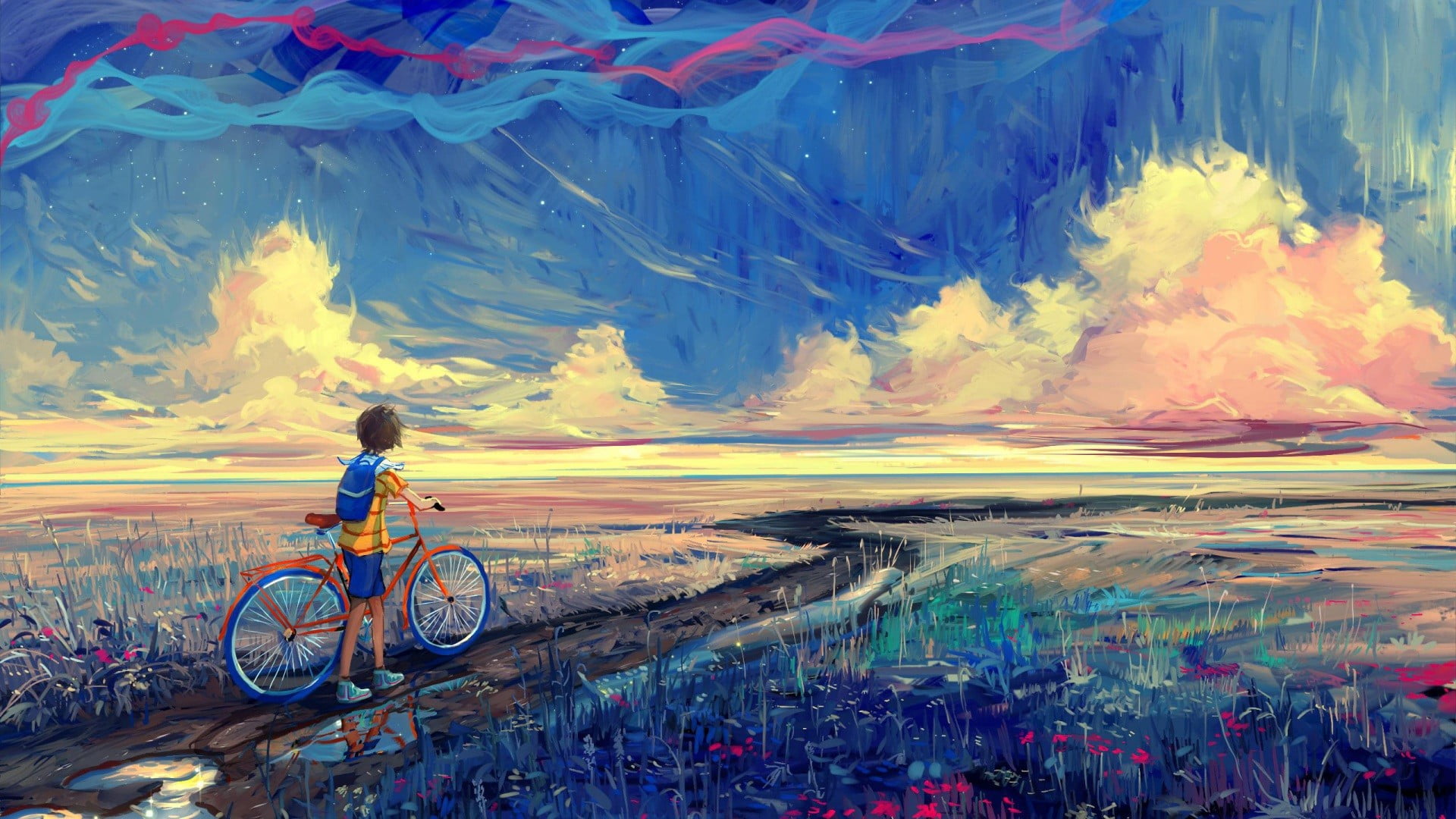 boy holding bike while walking on pathway painting fantasy art 2k