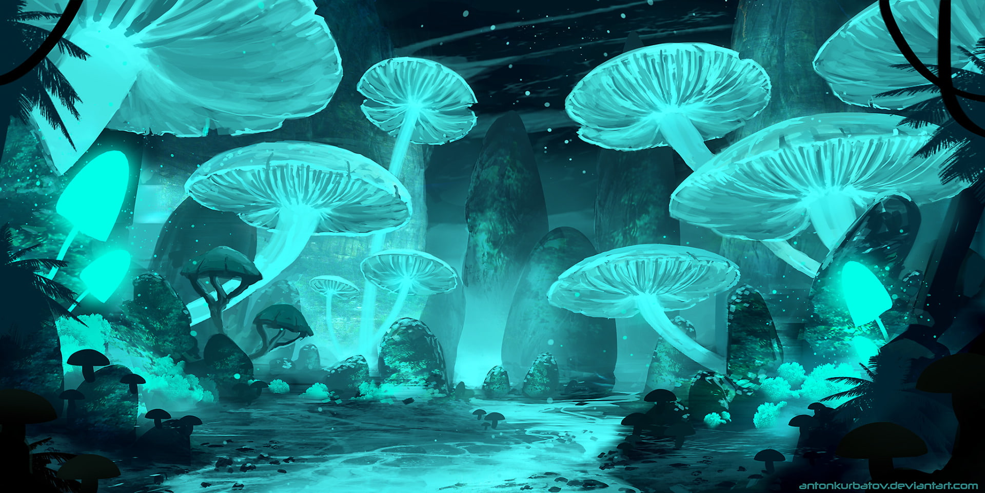Fantasy Landscape Fluorescent Mushroom Nature 2k