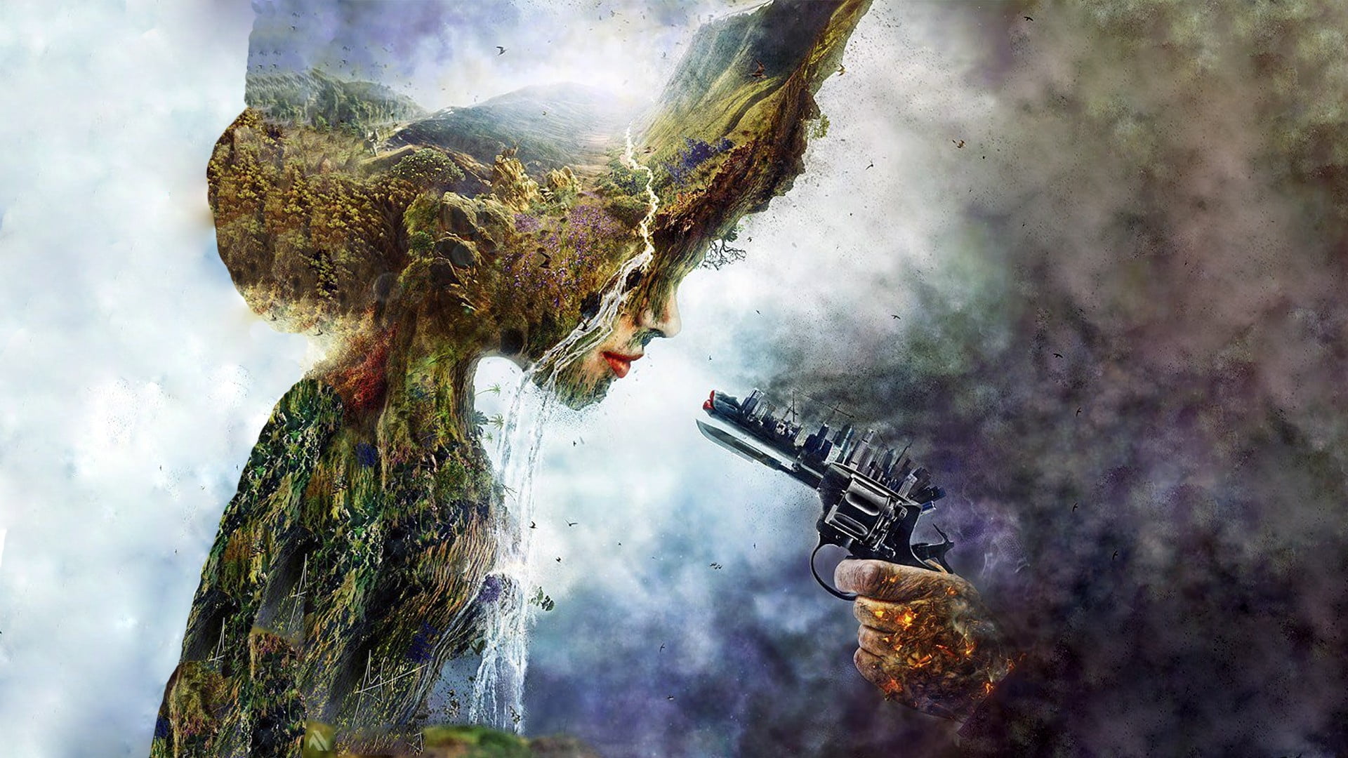 gun and mother earth illustration abstract nature industrial 2k