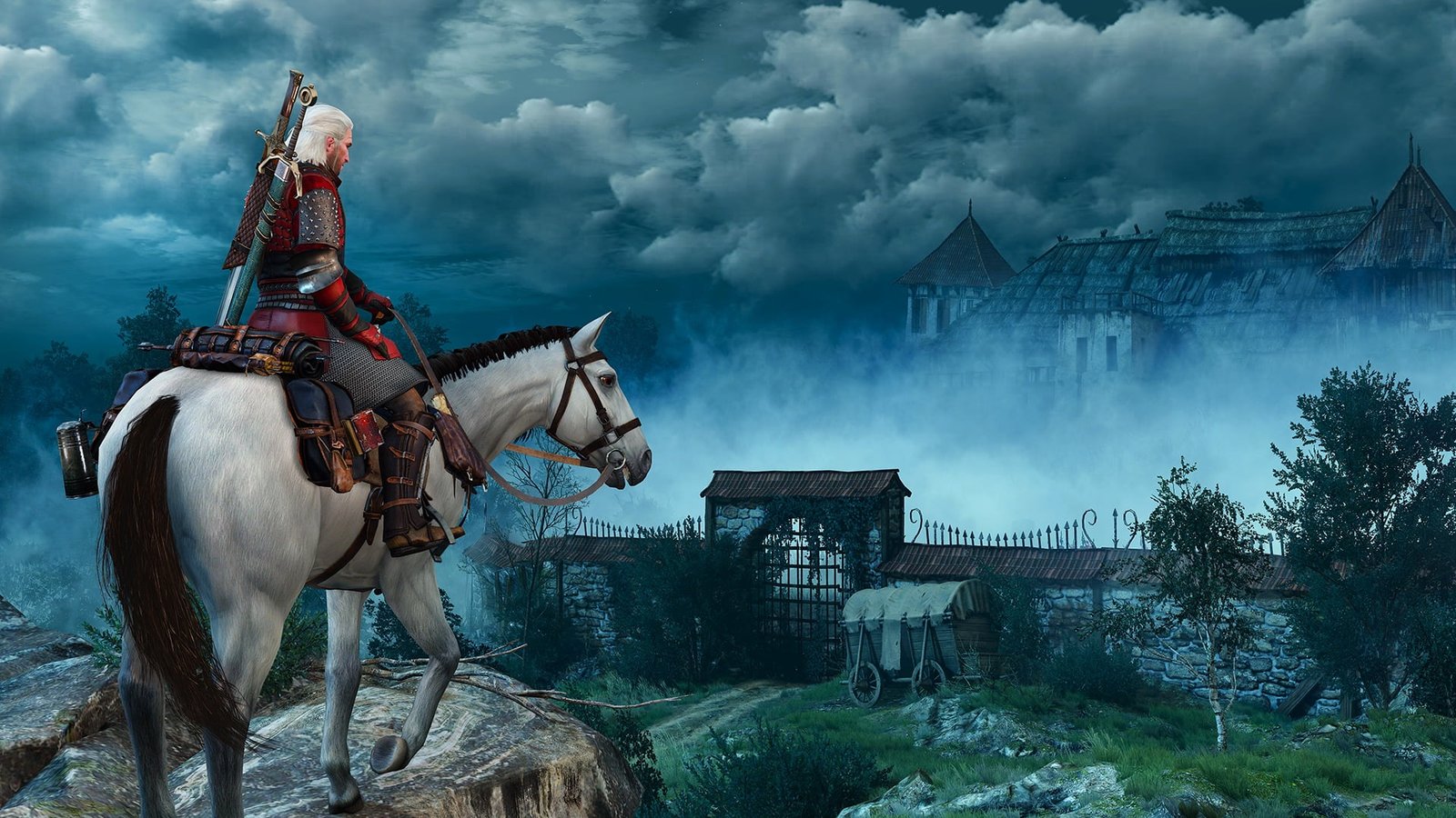 man riding white horse on cliff painting The Witcher 3 Wild Hunt 2k