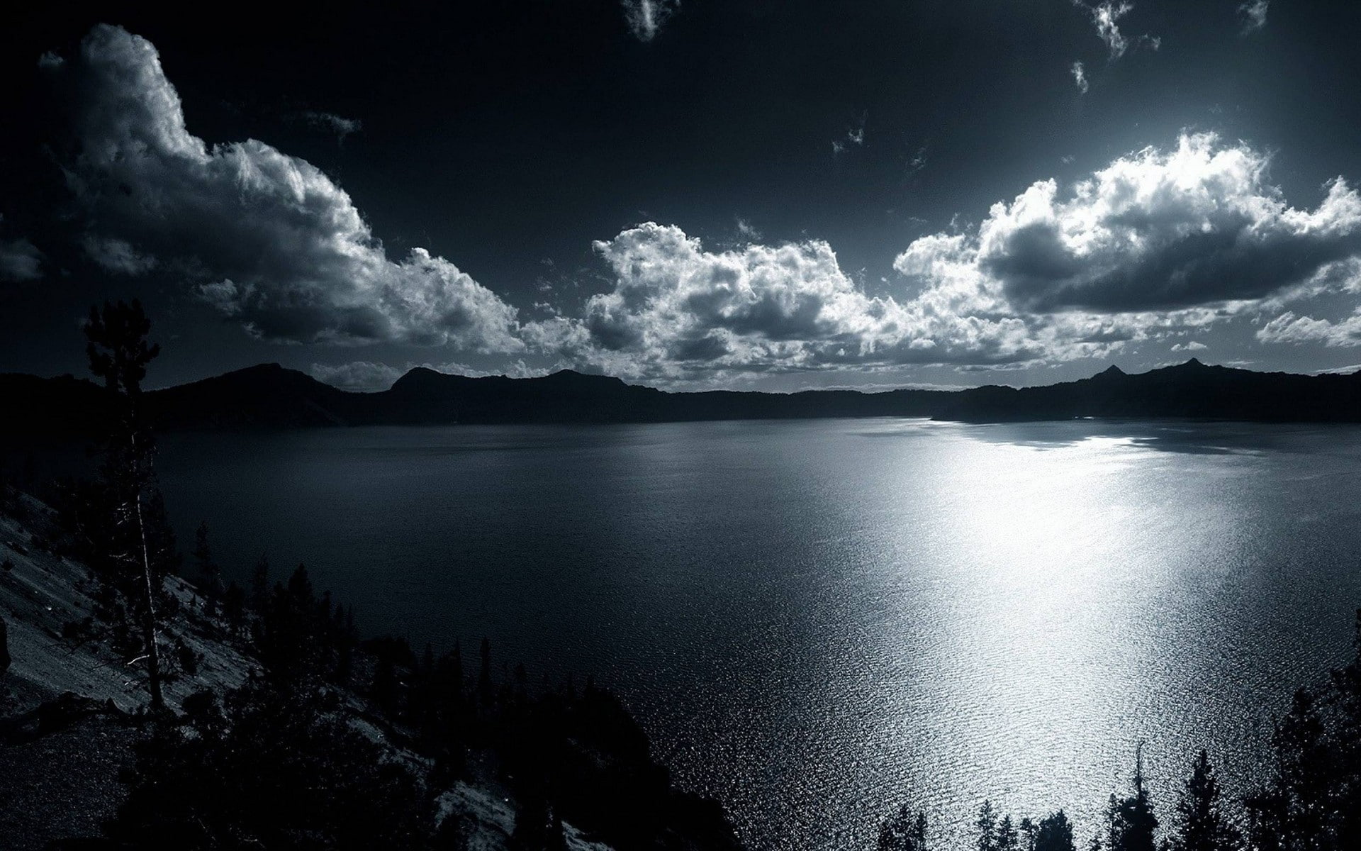 nature dark lake hills monochrome water sky cloud 2k