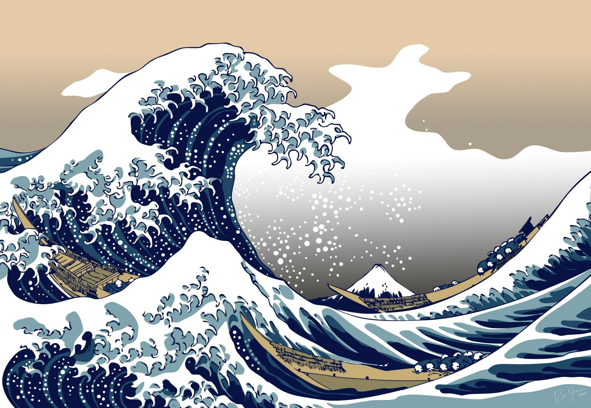 sea waves illustration nature blue The Great Wave off Kanagawa 2k