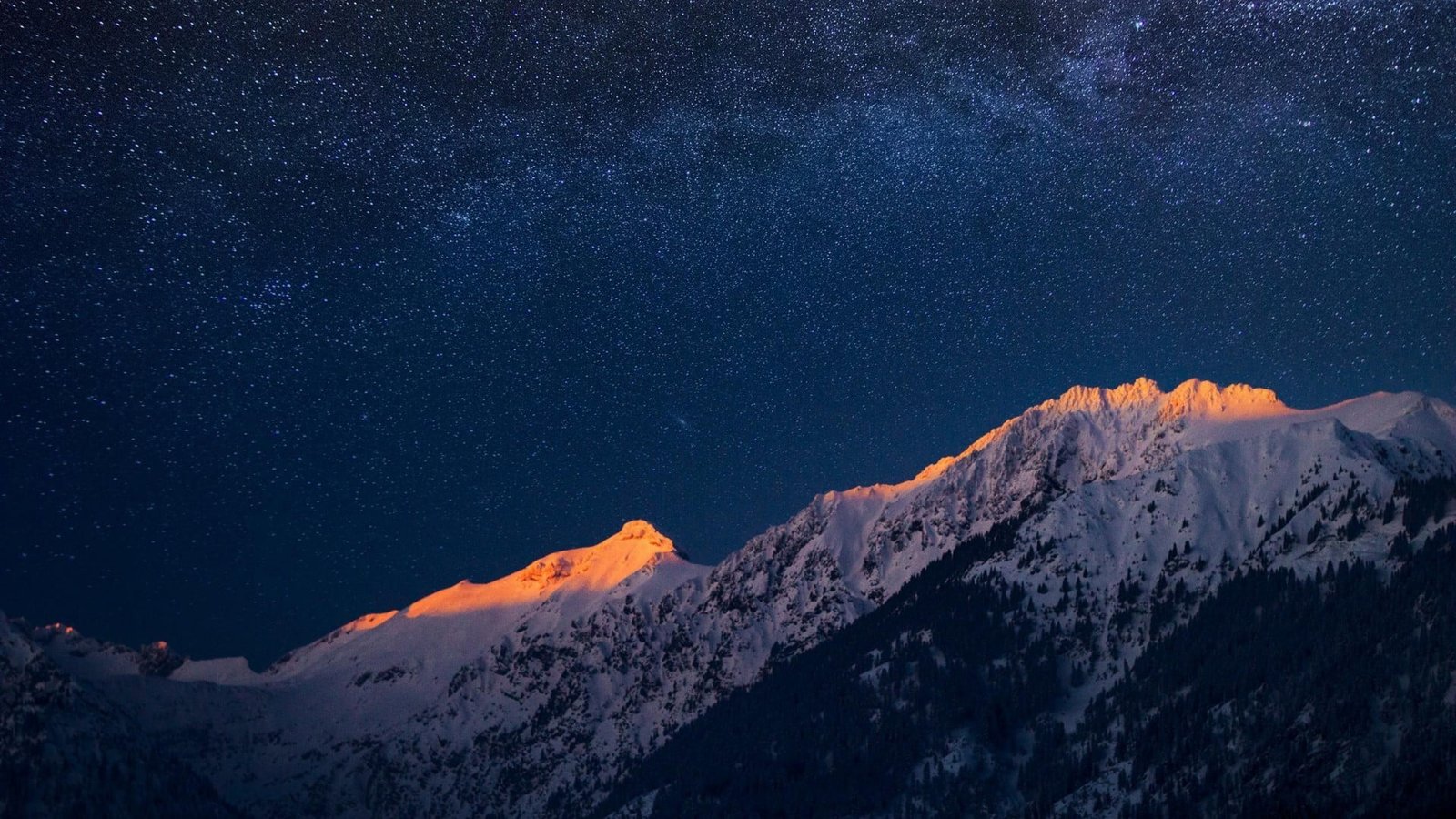 snow capped mountain nature landscape mountains stars evening 2k