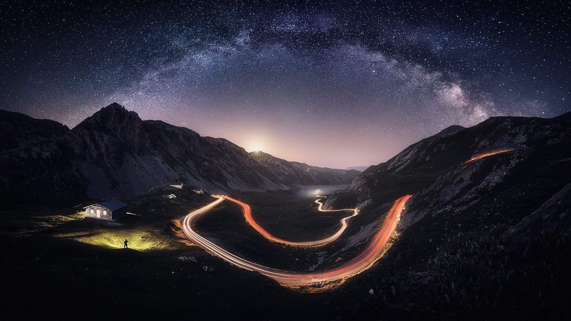 starry nights nature landscape Milky Way mountains road 2k