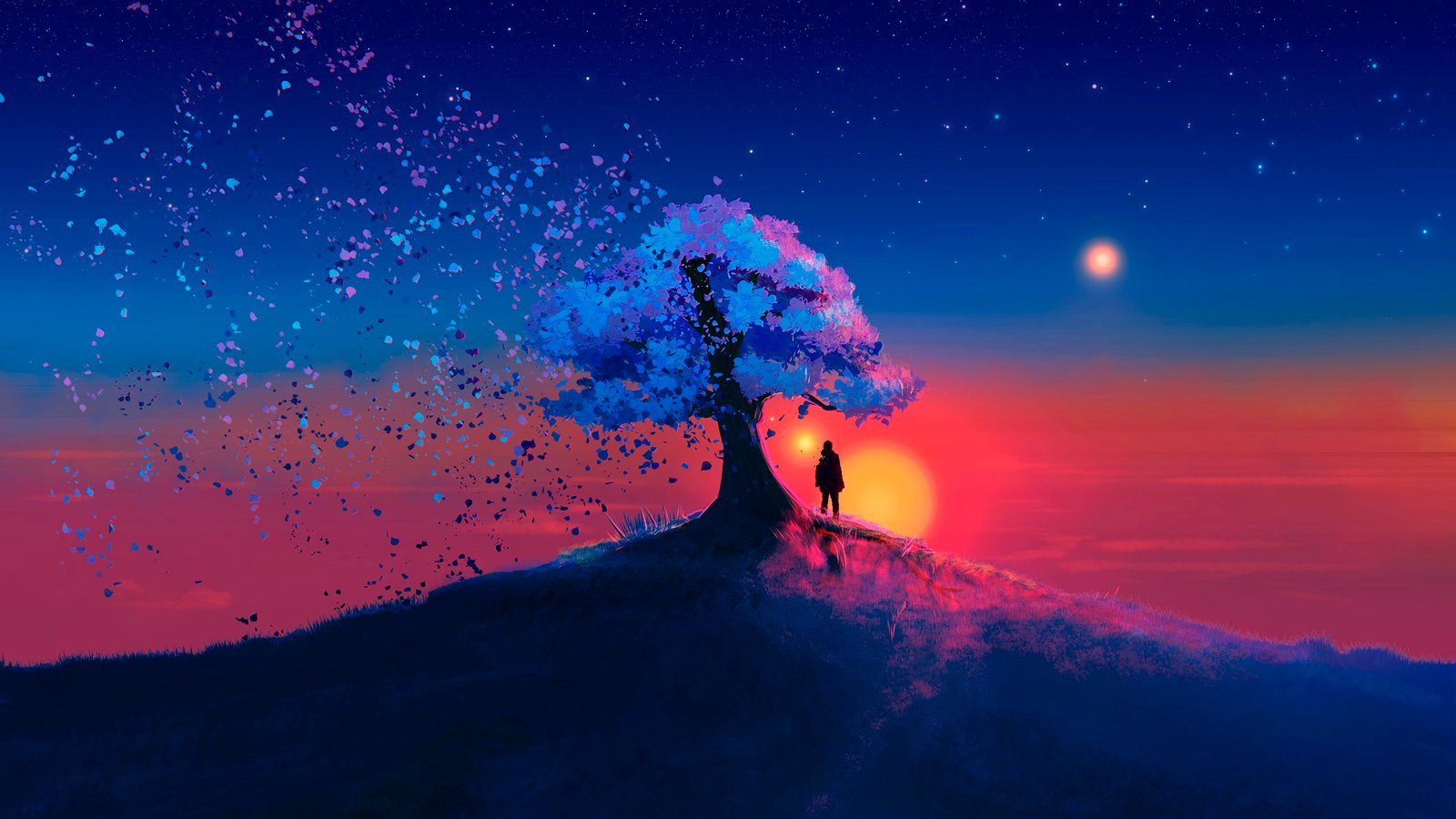 trees nature artwork digital art landscape sky stars 2k