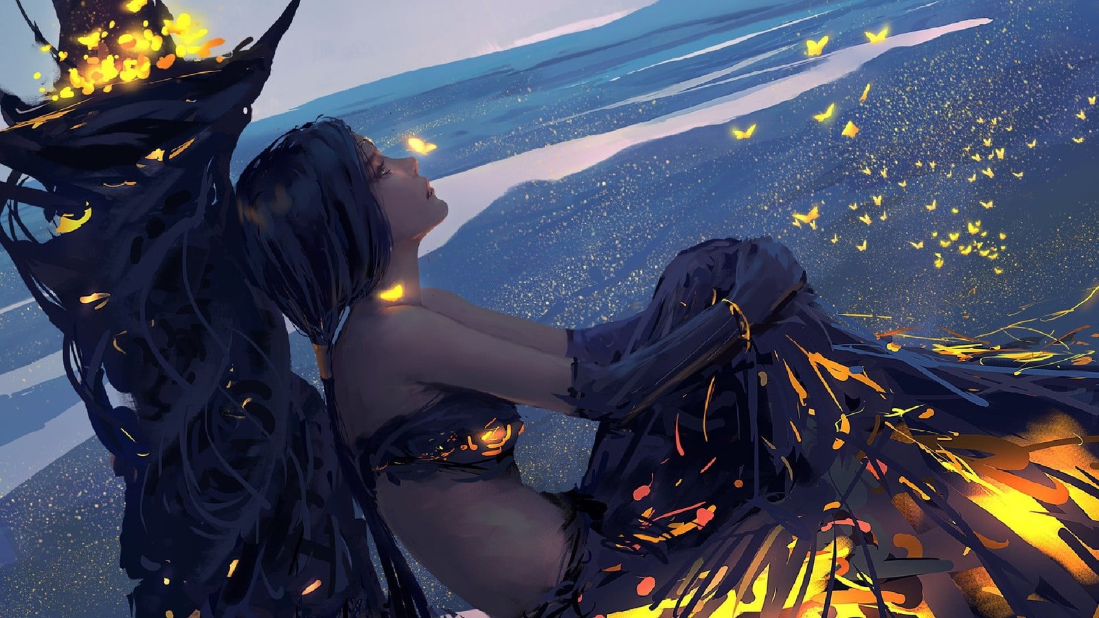 woman sitting on grass field digital wallpaper WLOP painting 2k