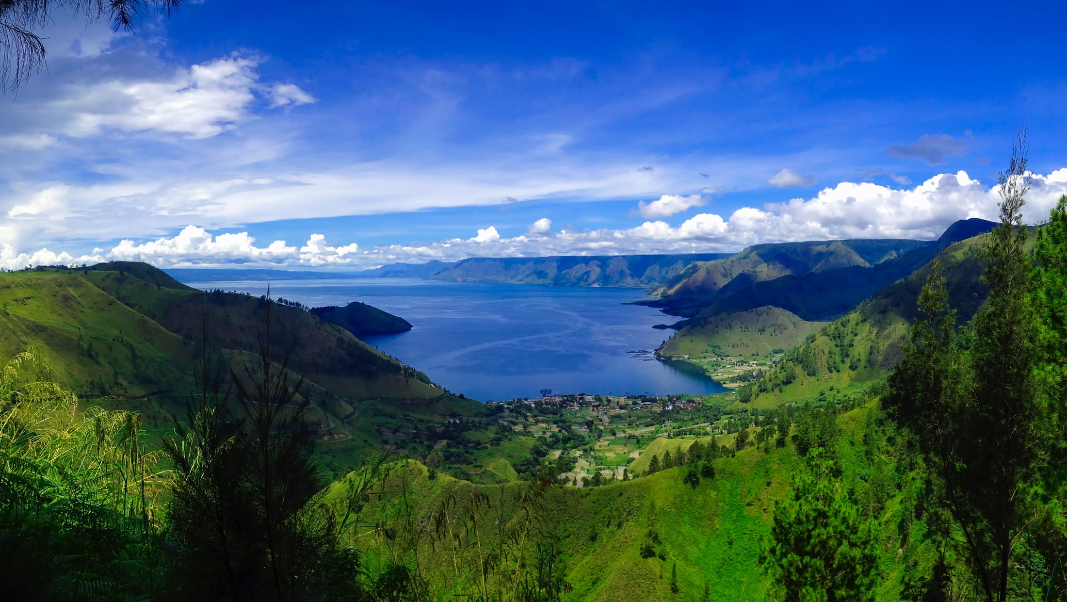 lake toba indonesia sky clouds landscape scenic water 2k