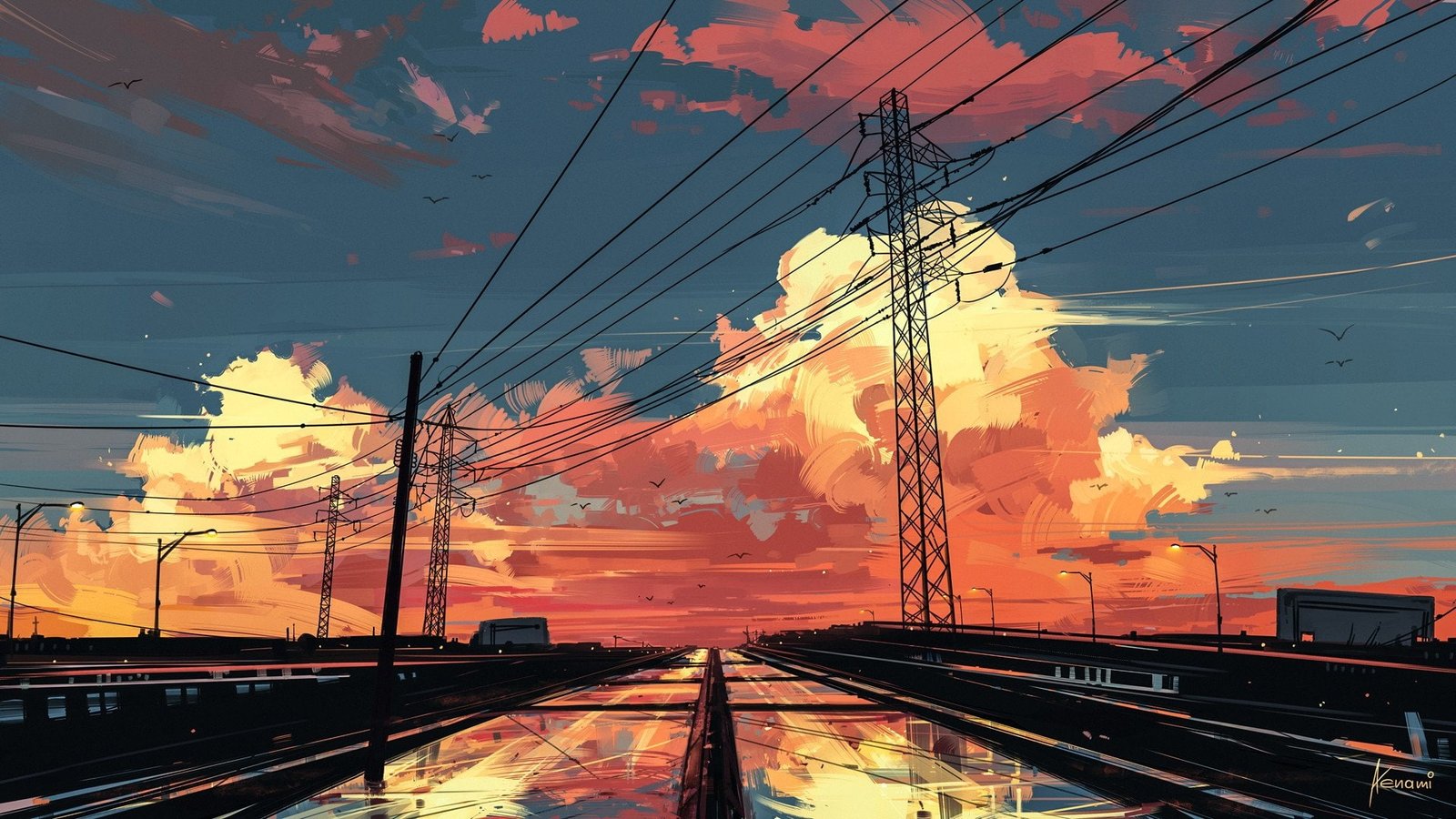anime landscape sunset sky painting scenic transportation 2k
