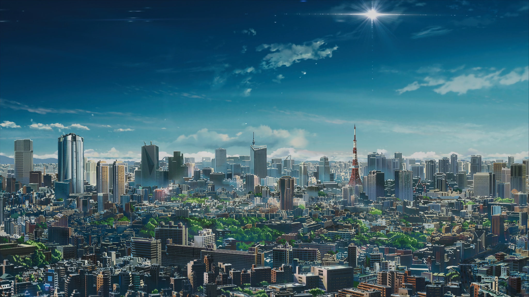 anime landscape urban sky clouds city Tokyo Tower 2k
