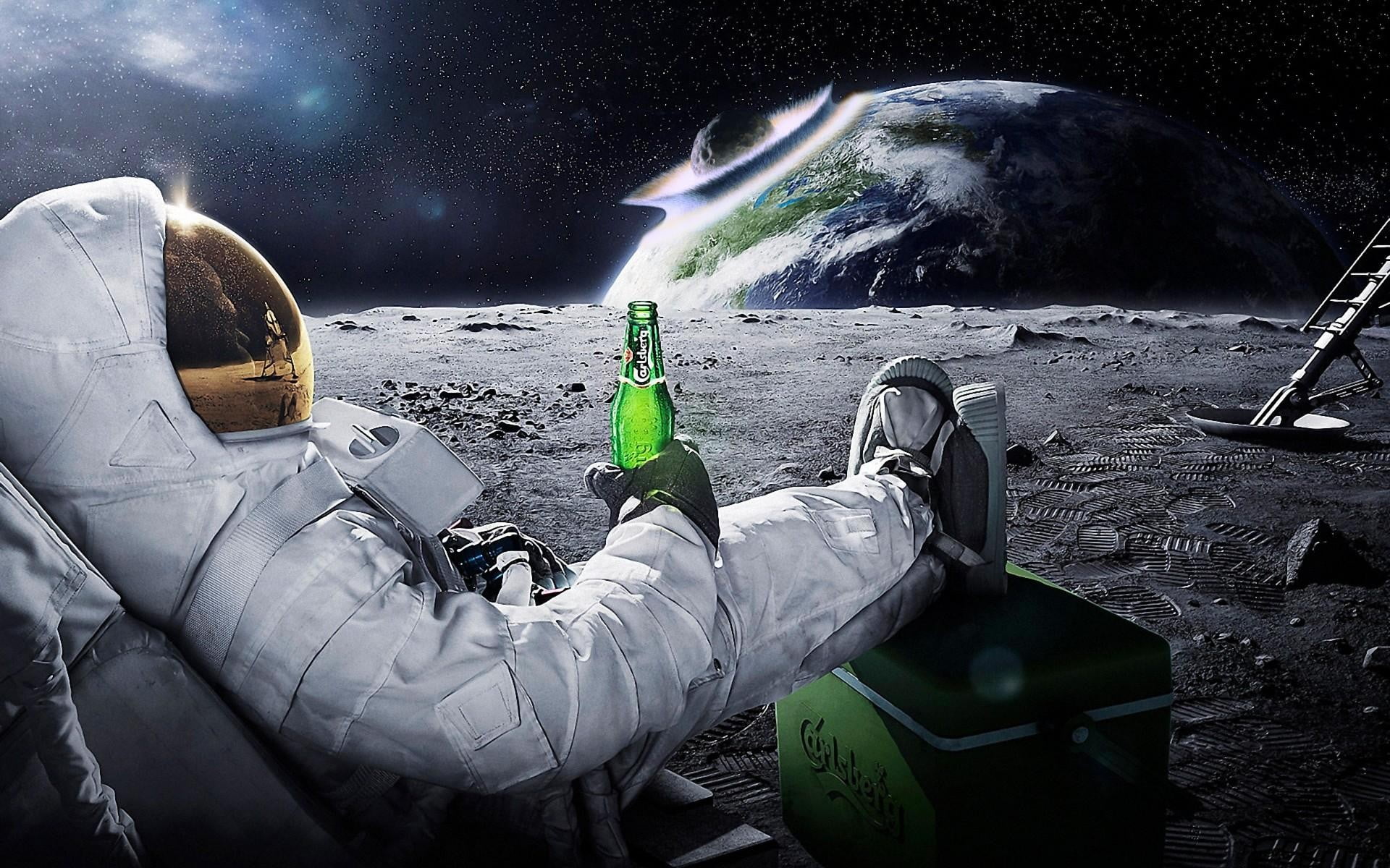 astronaut drinking beer on moon while watching earth destroy wallpaper 2k