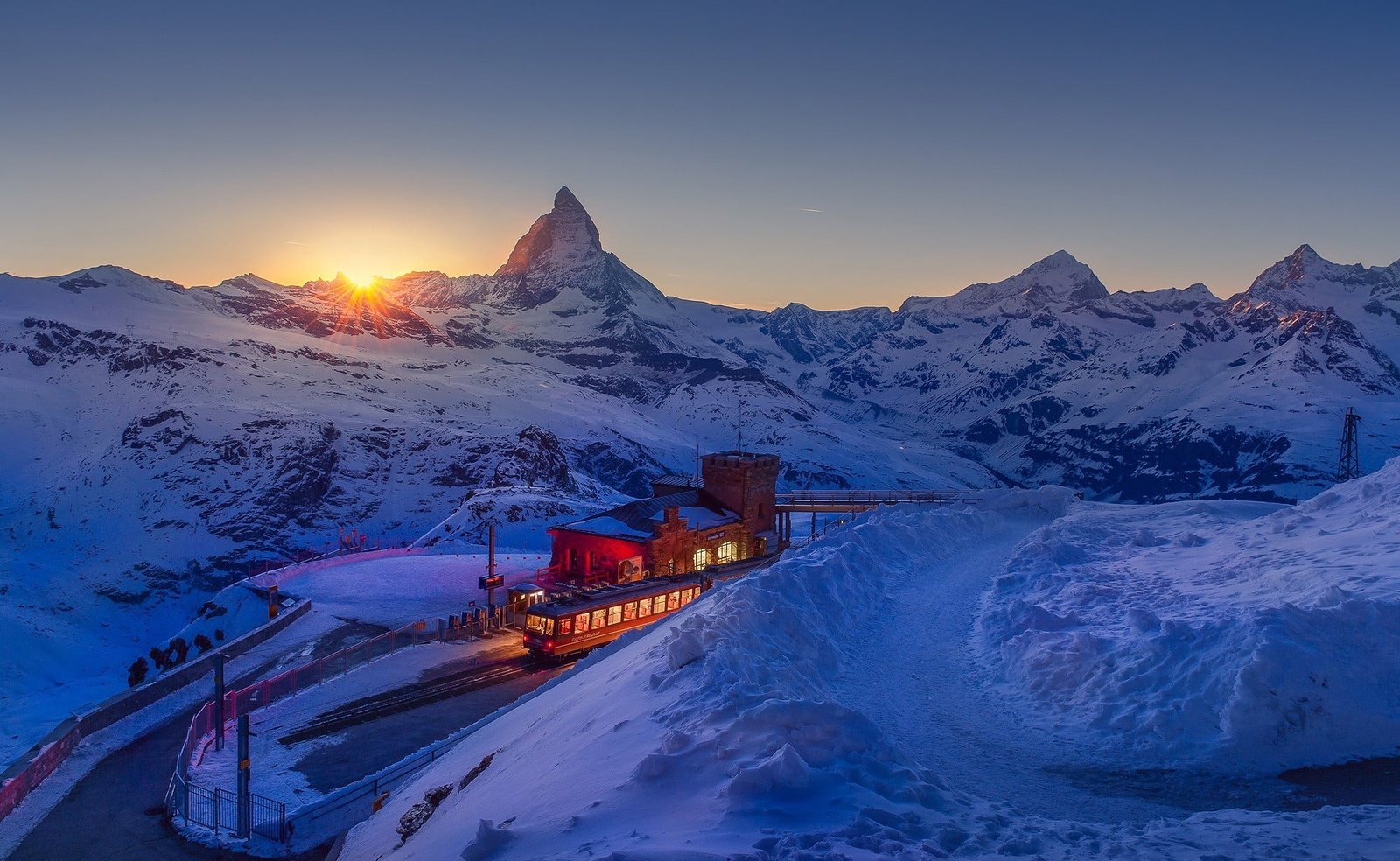 brown train nature landscape mountains winter snow sunset 2k