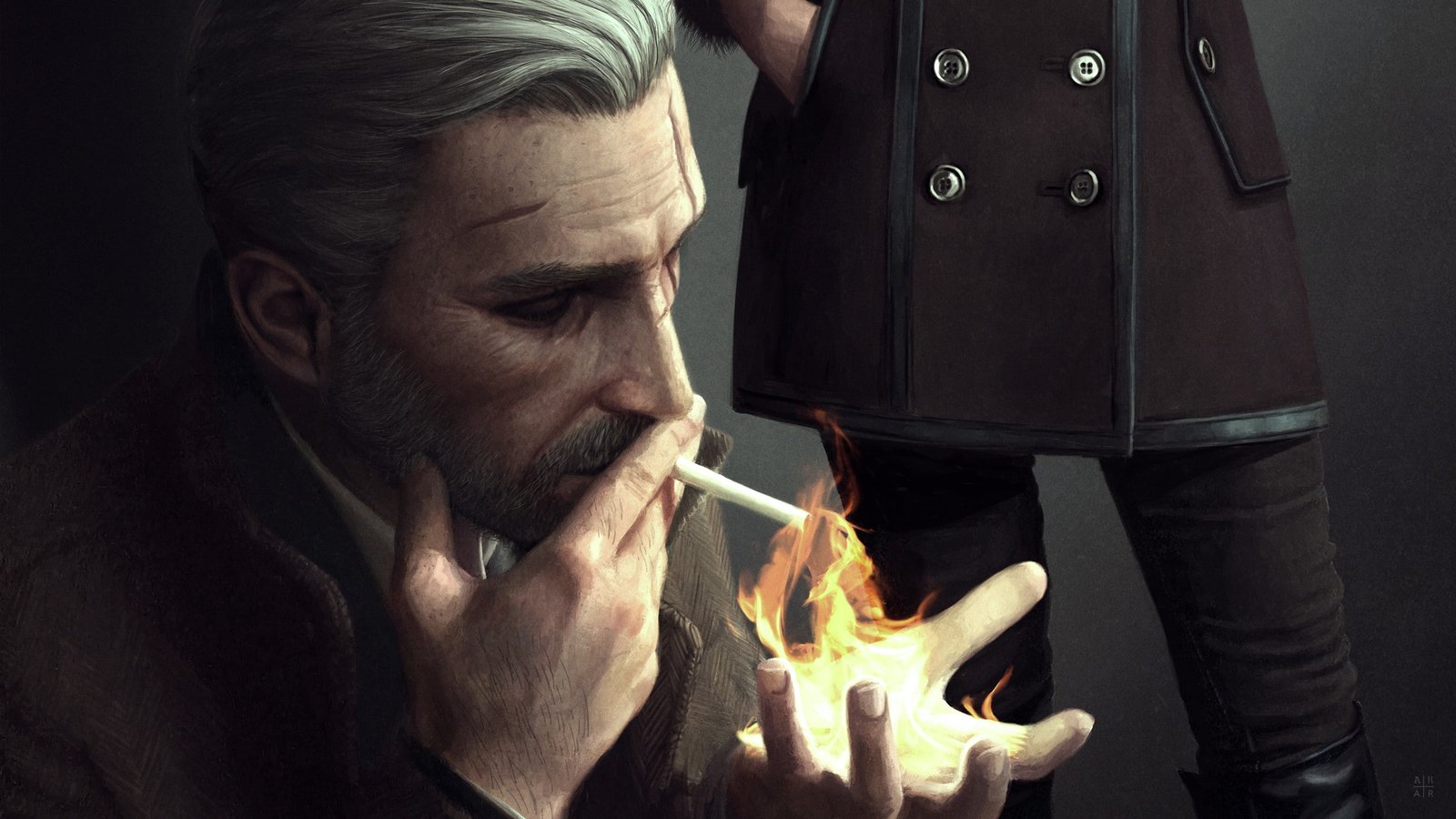 geralt of rivia the witcher 3 wild hunt artwork digital art noir fire 2k