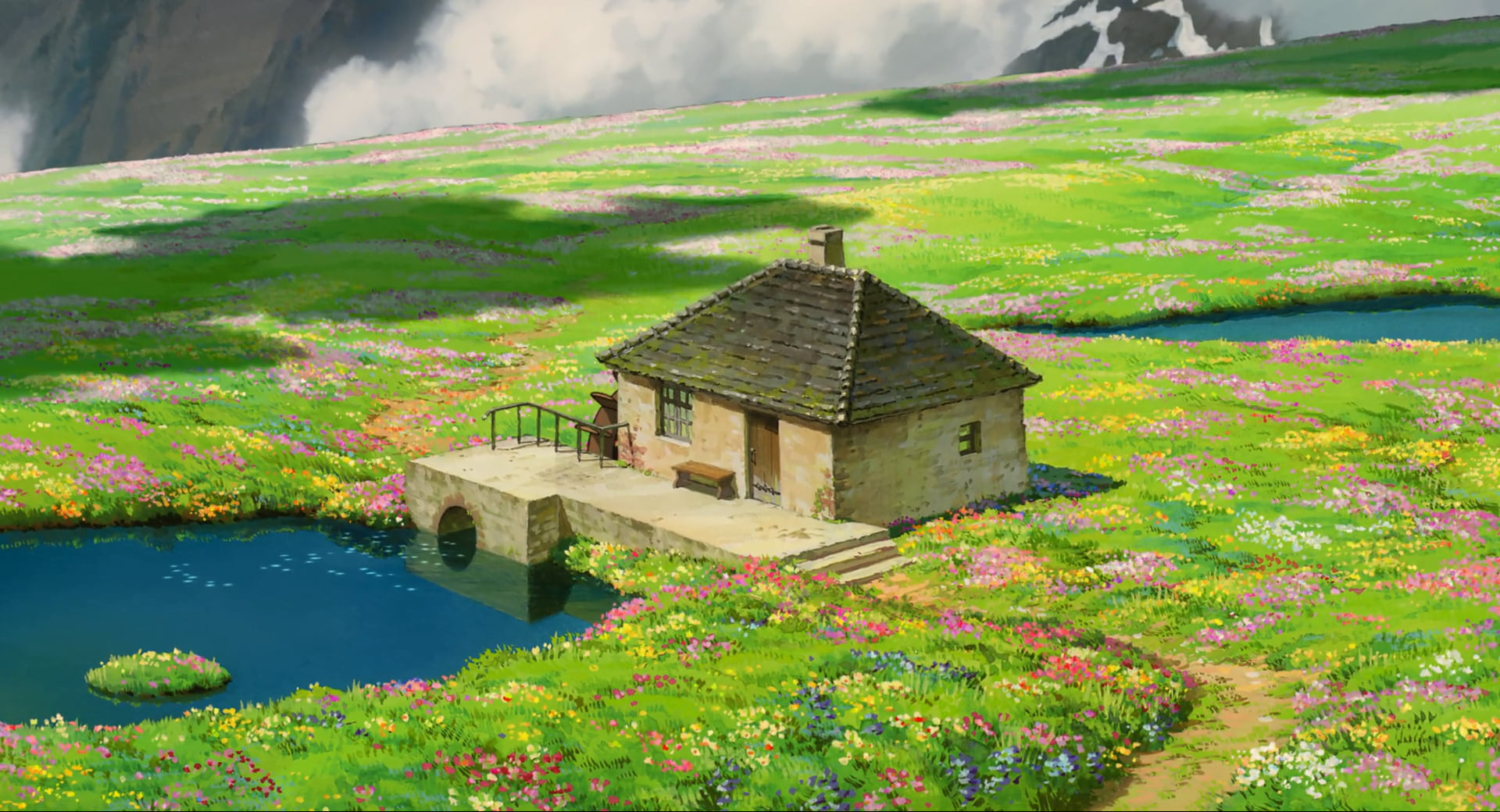 Howl's Moving Castle house anime water nature flowers 2k