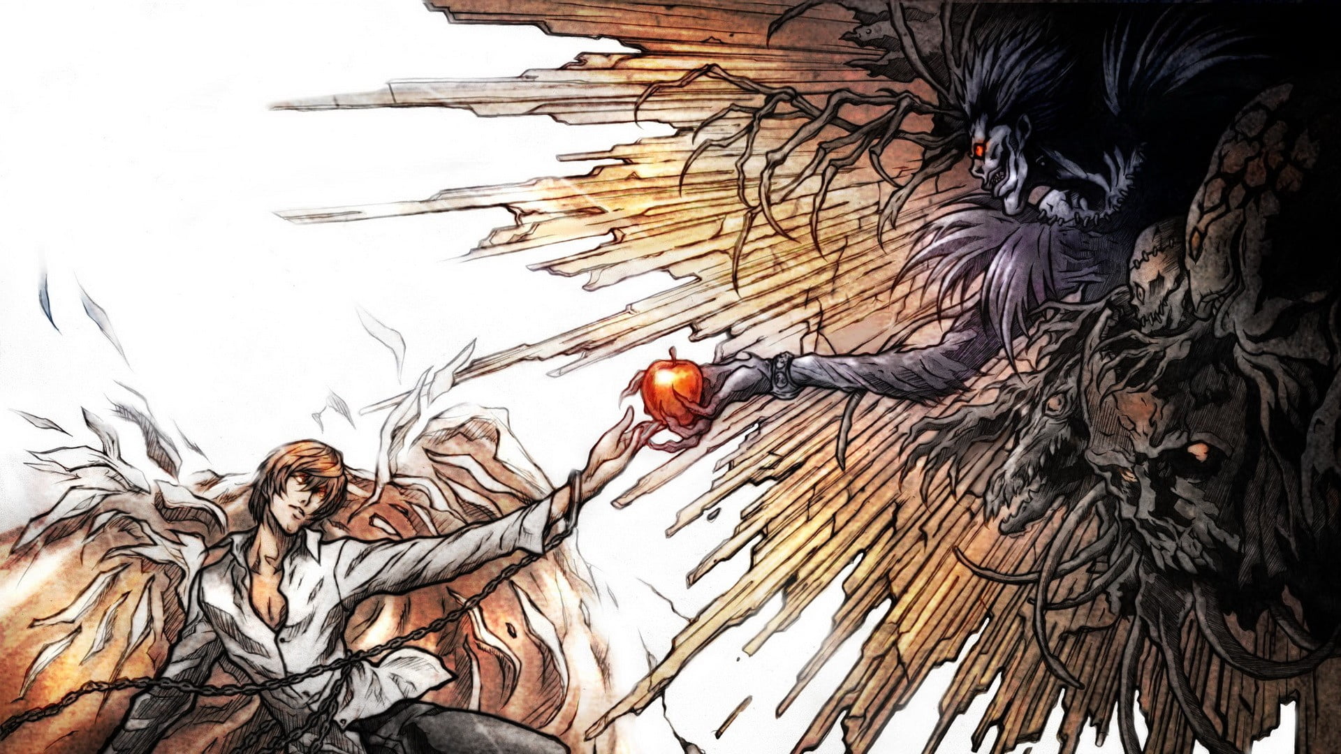 man receiving apple from demon wallpaper Death Note Yagami Light 2k