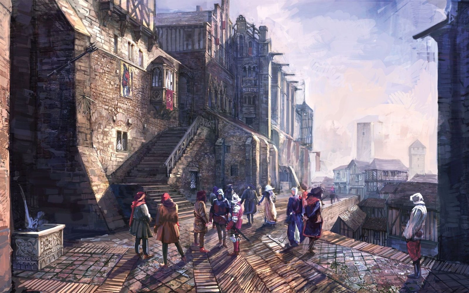 people gathered near village and stairs painting video games 2k