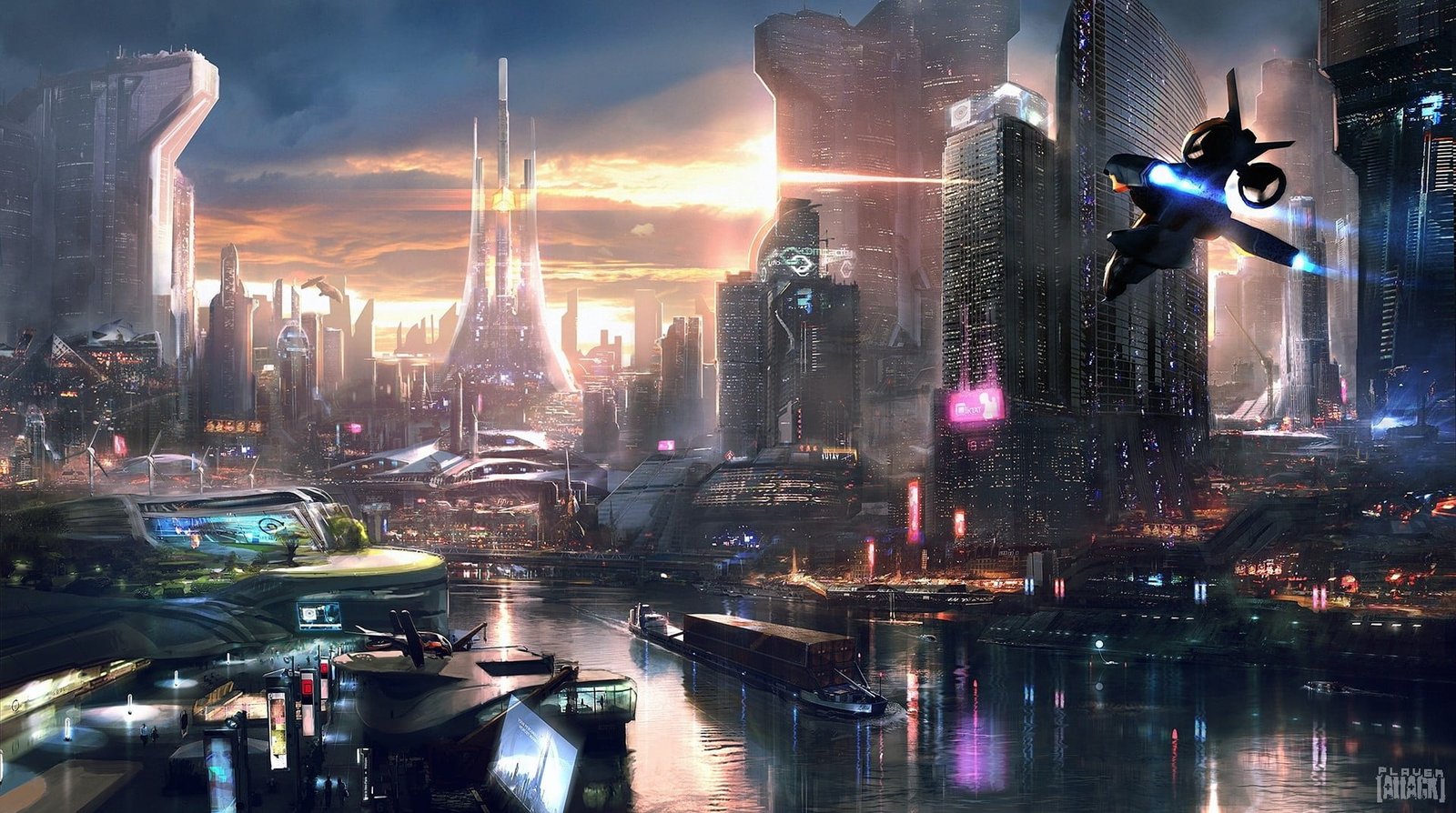 Sci Fi city digital wallpaper cyberpunk science fiction futuristic 2k