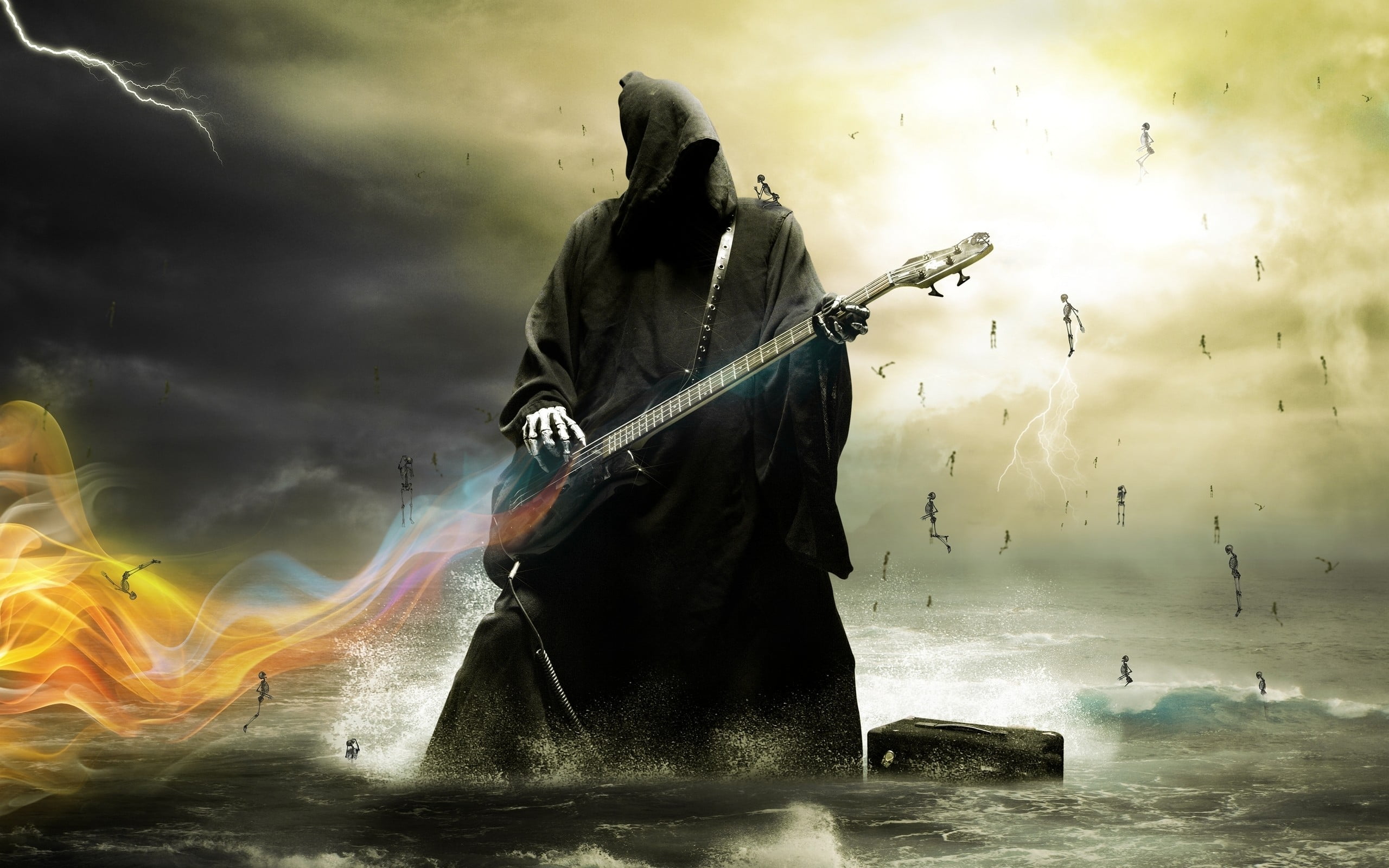 skeleton playing guitar digital wallpaper grim reaper the with flame effects 2k