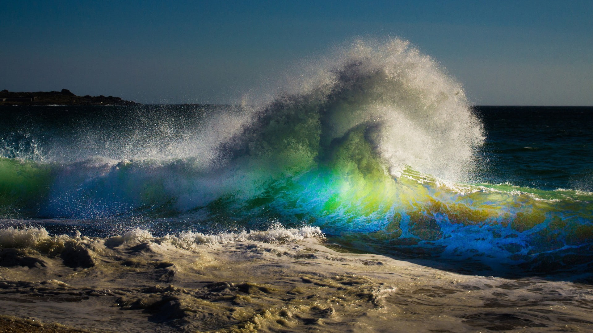 waves beach rainbows water motion power in nature 2k
