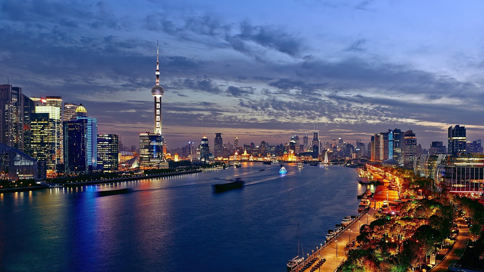 China Shanghai city night lights river buildings light scenery 2k