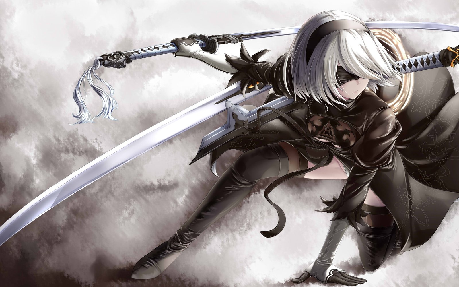 gray and white haired swordsman anime character Nier Automata 2k