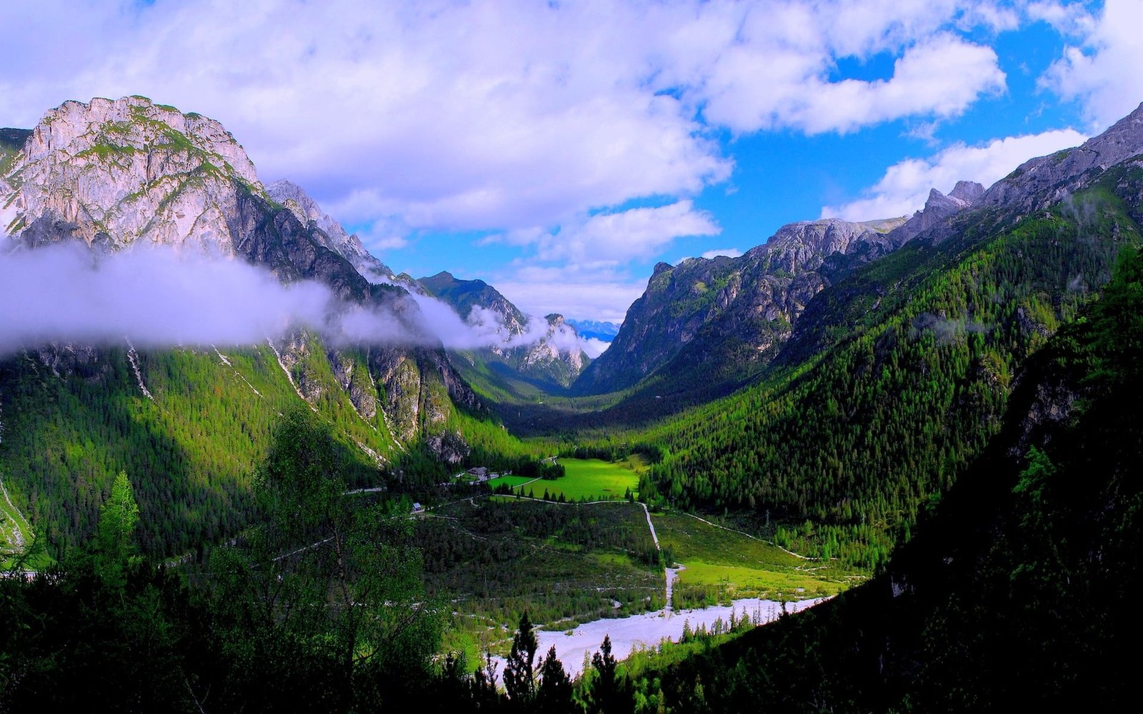 green mountain mountains forest valley clouds nature landscape 2k
