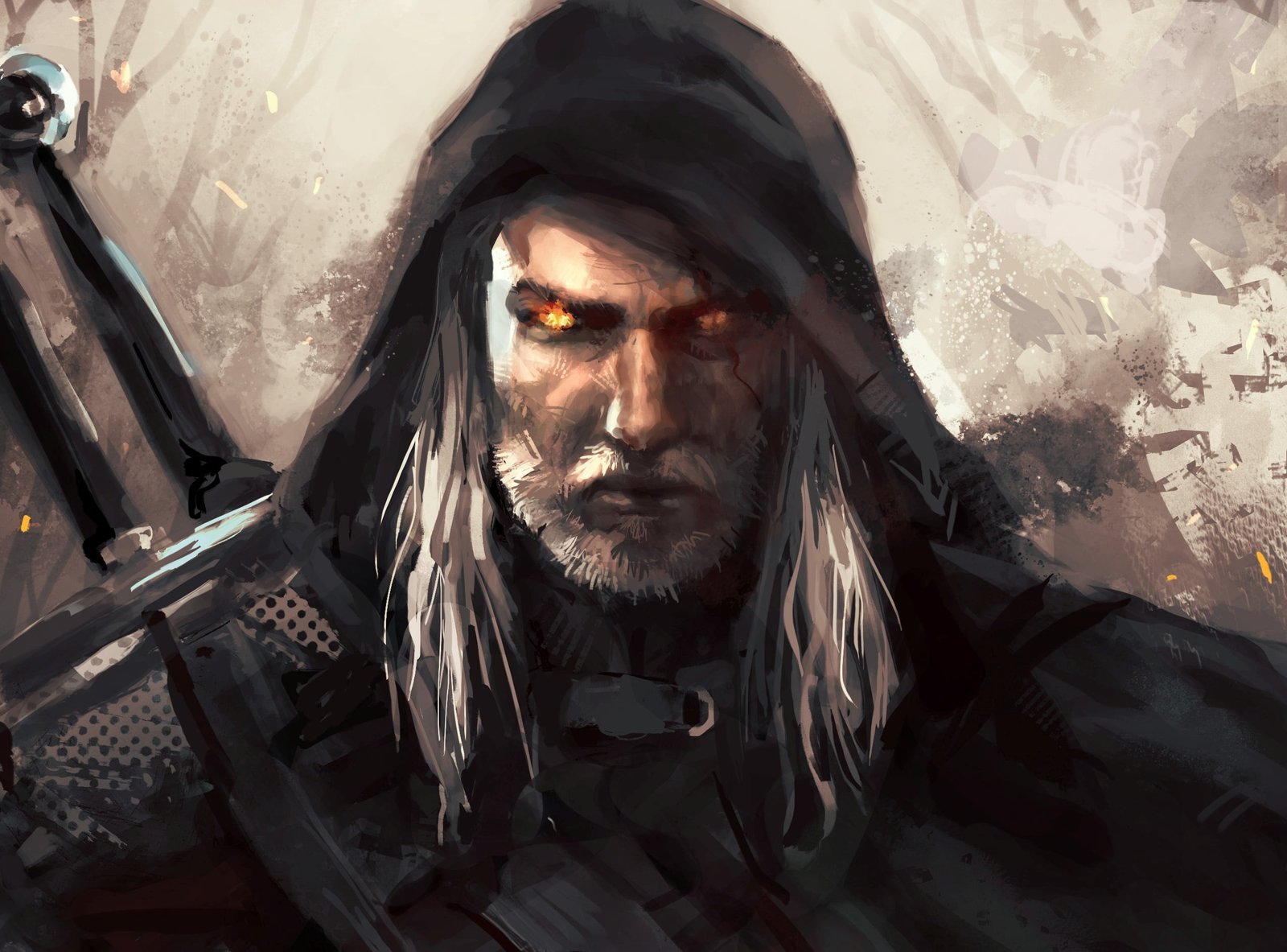 man in black hood with swords digital wallpaper the witcher 2k